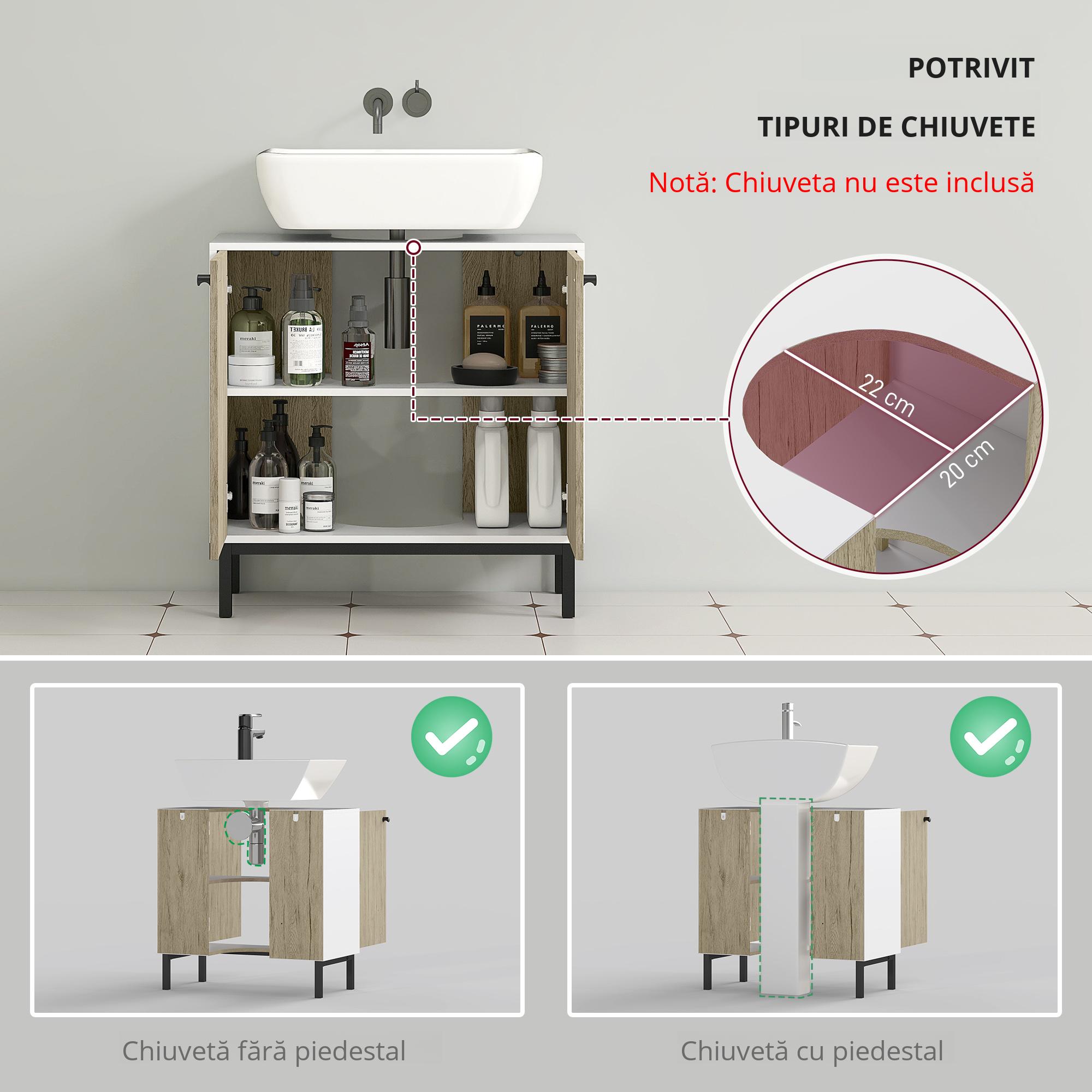  Dulap de baie modern pentru chiuveta de baie, dulap de depozitare liber cu raft, usi duble, stejar antic, alb [5]