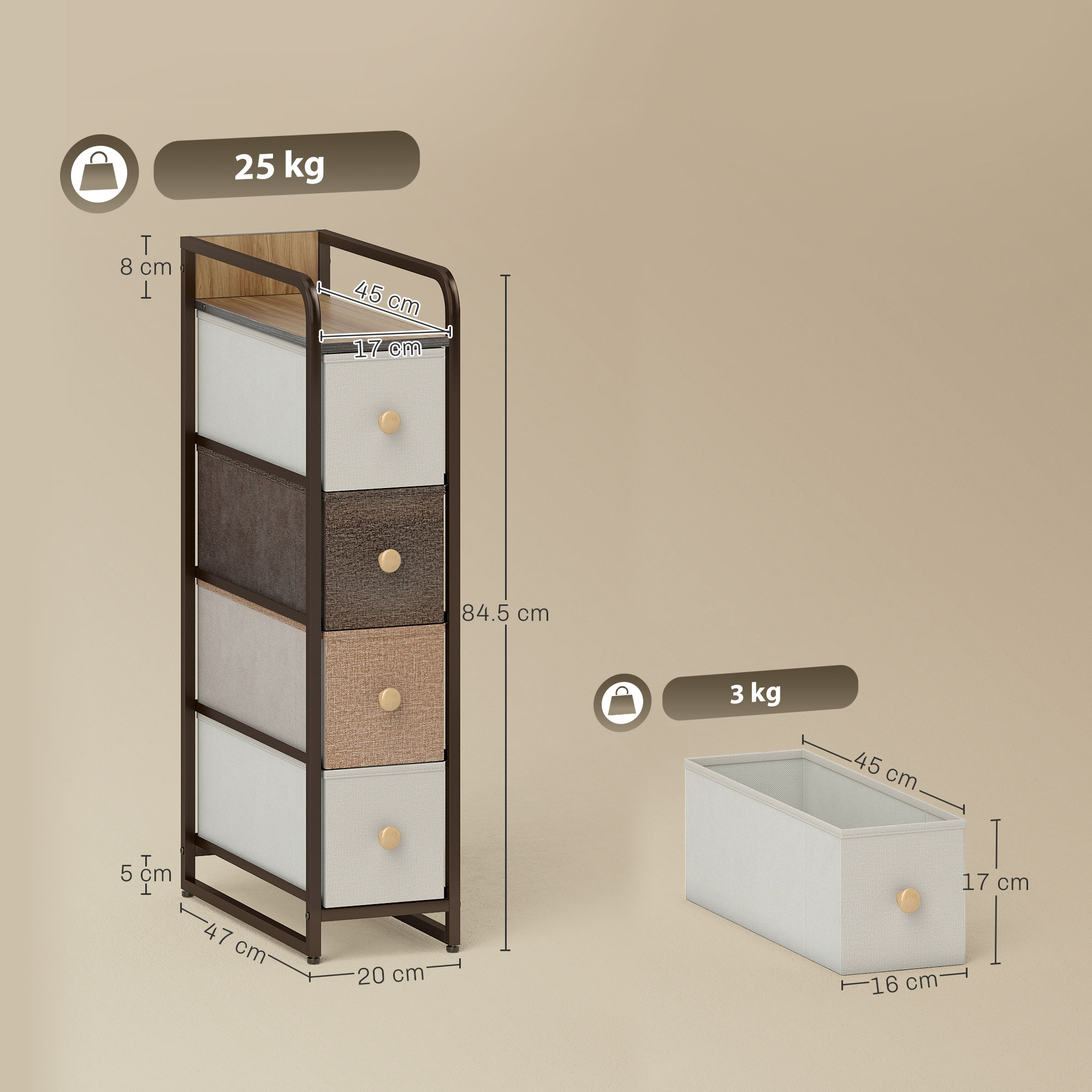  Comoda Slim Salvaspatiu cu 4 Sertare Pliabile din Material Textil, Otel si Lemn, 20x47x84.5 cm, Multicolor [2]