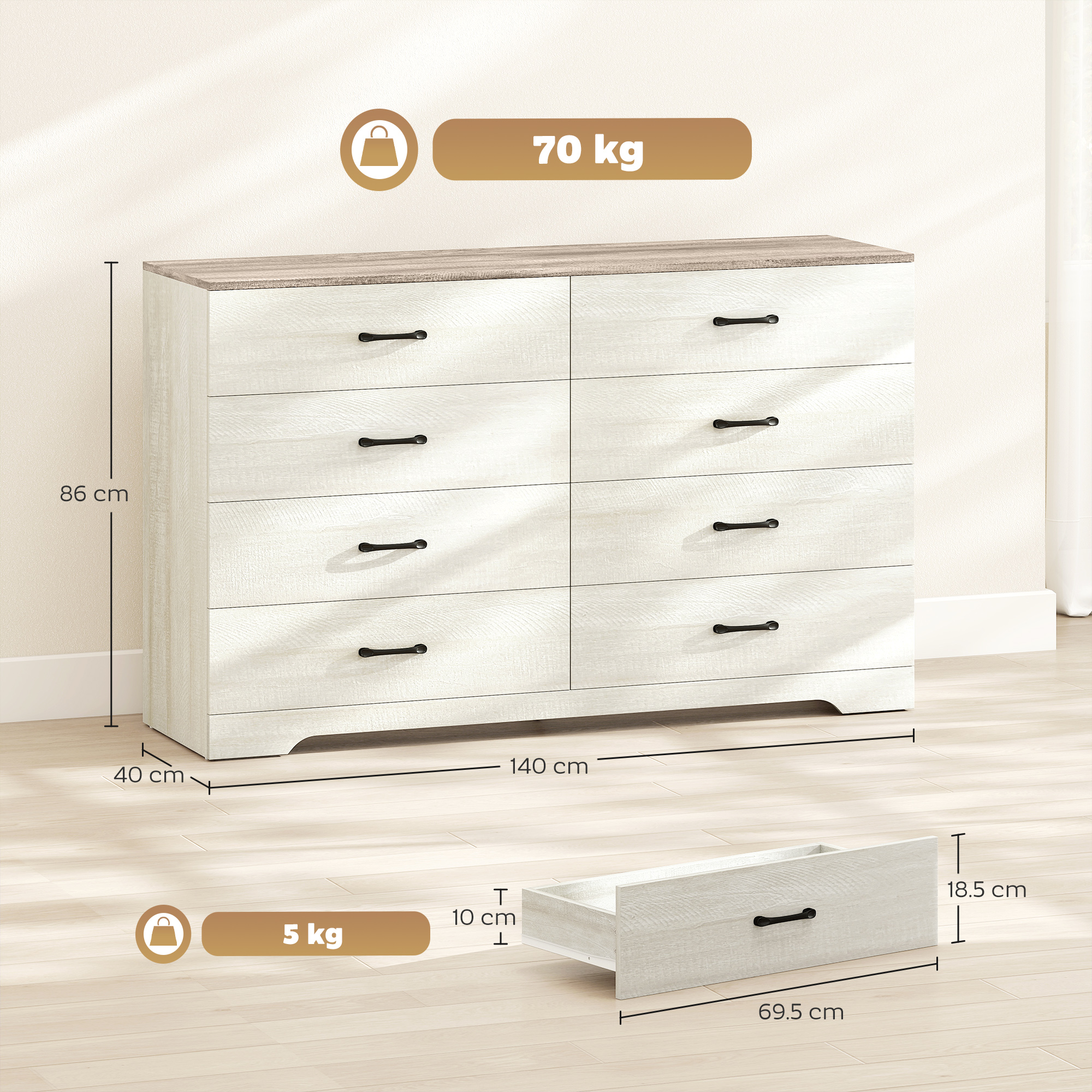  Comoda 8 Sertare Moderna din Lemn, 140x40x86 cm, Nuc si Gri Deschis [2]