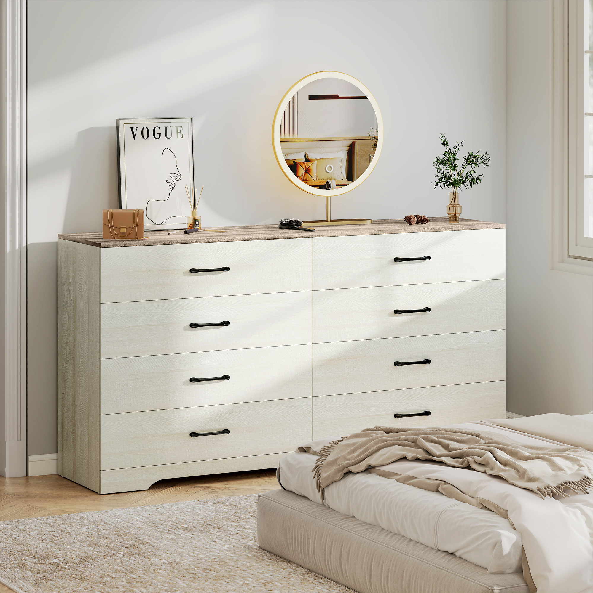  Comoda 8 Sertare Moderna din Lemn, 140x40x86 cm, Nuc si Gri Deschis [1]