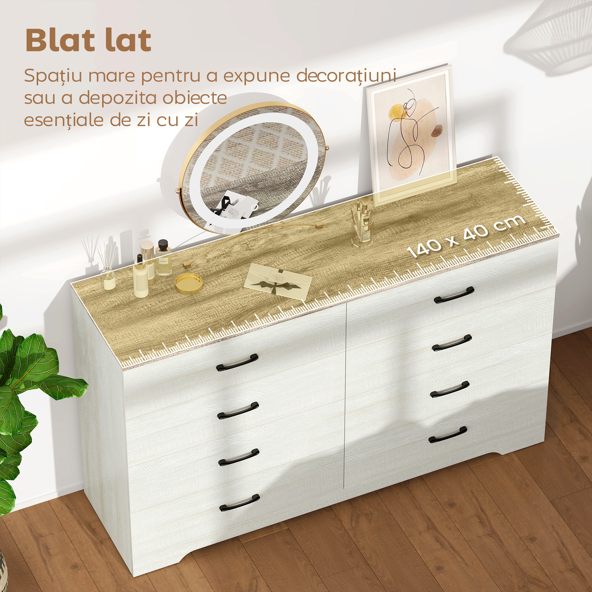  Comoda 8 Sertare Moderna din Lemn, 140x40x86 cm, Nuc si Gri Deschis [4]