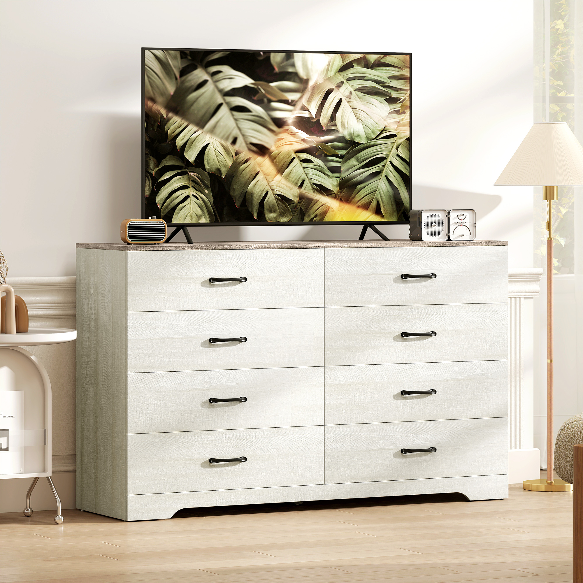  Comoda 8 Sertare Moderna din Lemn, 140x40x86 cm, Nuc si Gri Deschis [5]