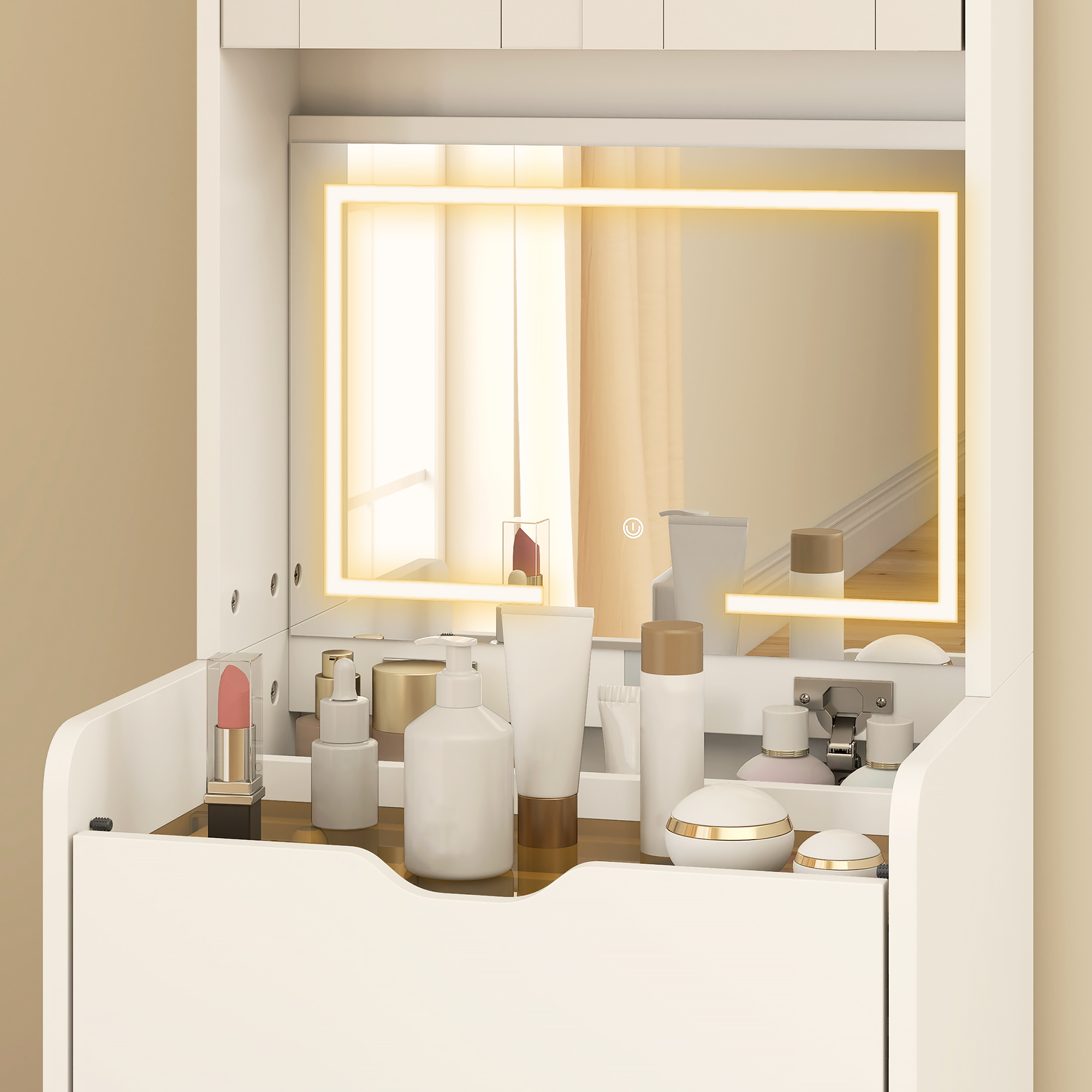  Masa de Toaleta pentru Machiaj cu Oglinda Iluminata si Taburet, Lumina Reglabila, Sertare si Dulap, Alb [8]