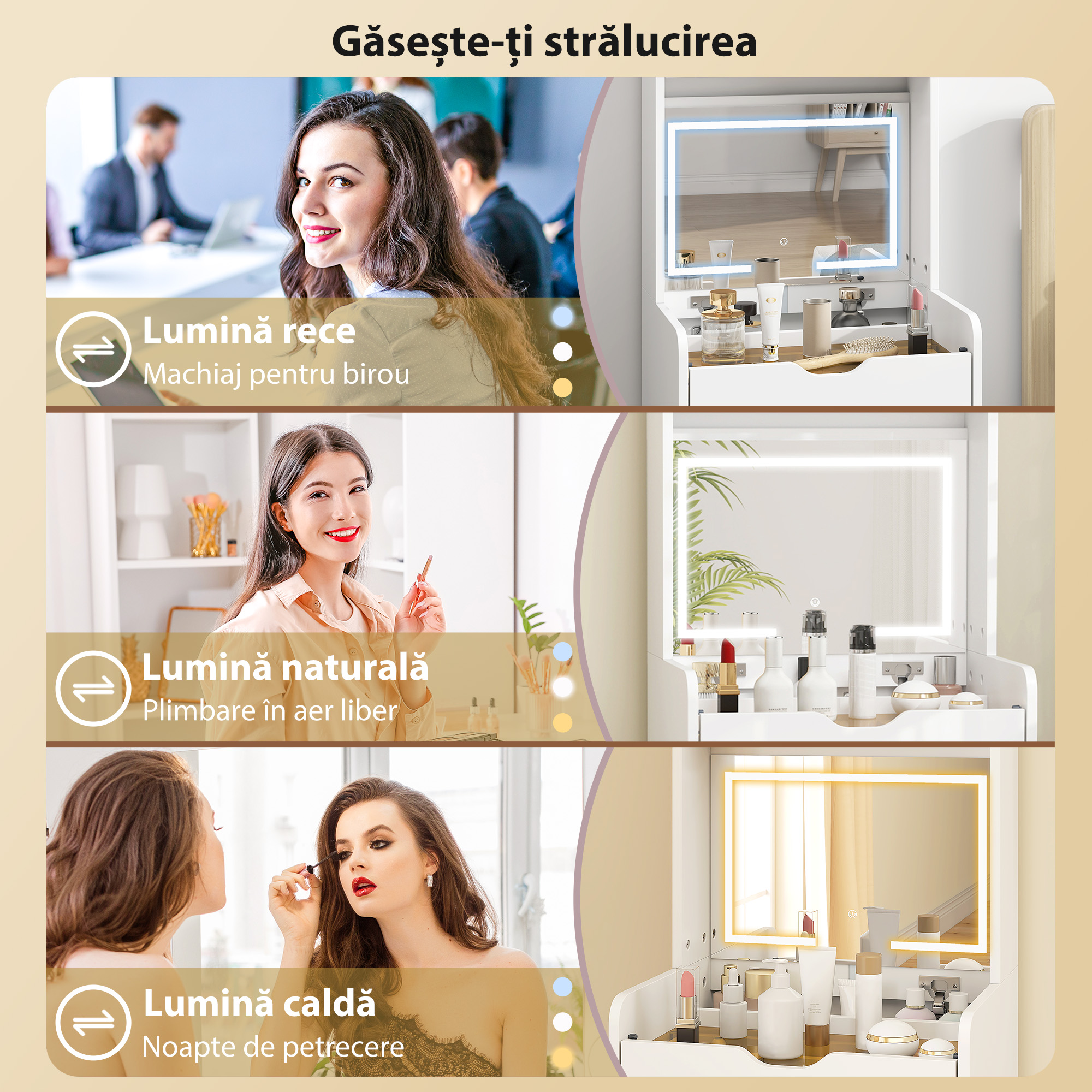  Masa de Toaleta pentru Machiaj cu Oglinda Iluminata si Taburet, Lumina Reglabila, Sertare si Dulap, Alb [3]