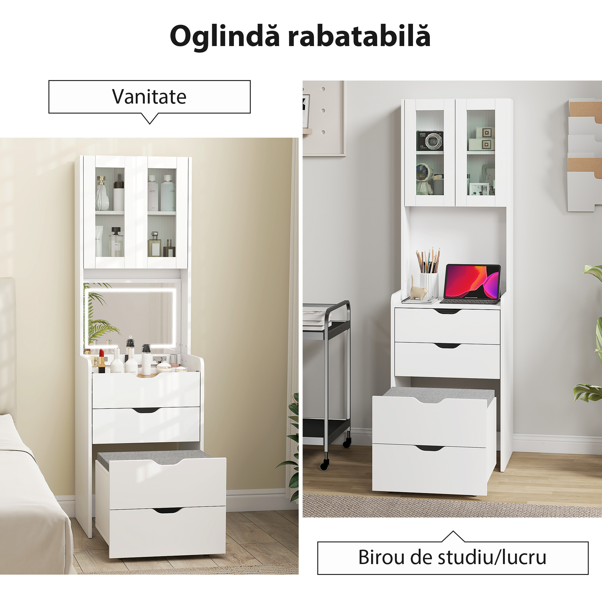  Masa de Toaleta pentru Machiaj cu Oglinda Iluminata si Taburet, Lumina Reglabila, Sertare si Dulap, Alb [6]