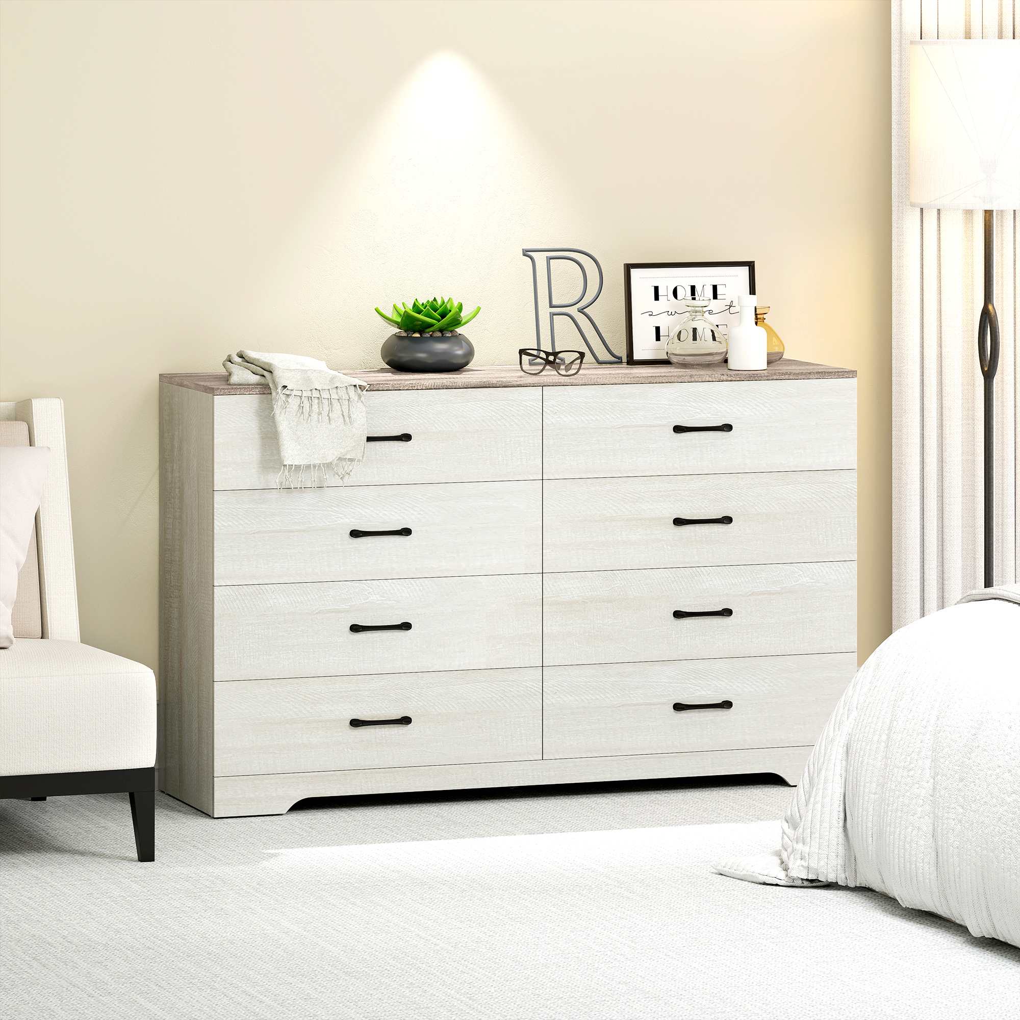  Comoda 8 Sertare Moderna din Lemn, 140x40x86 cm, Nuc si Gri Deschis [8]