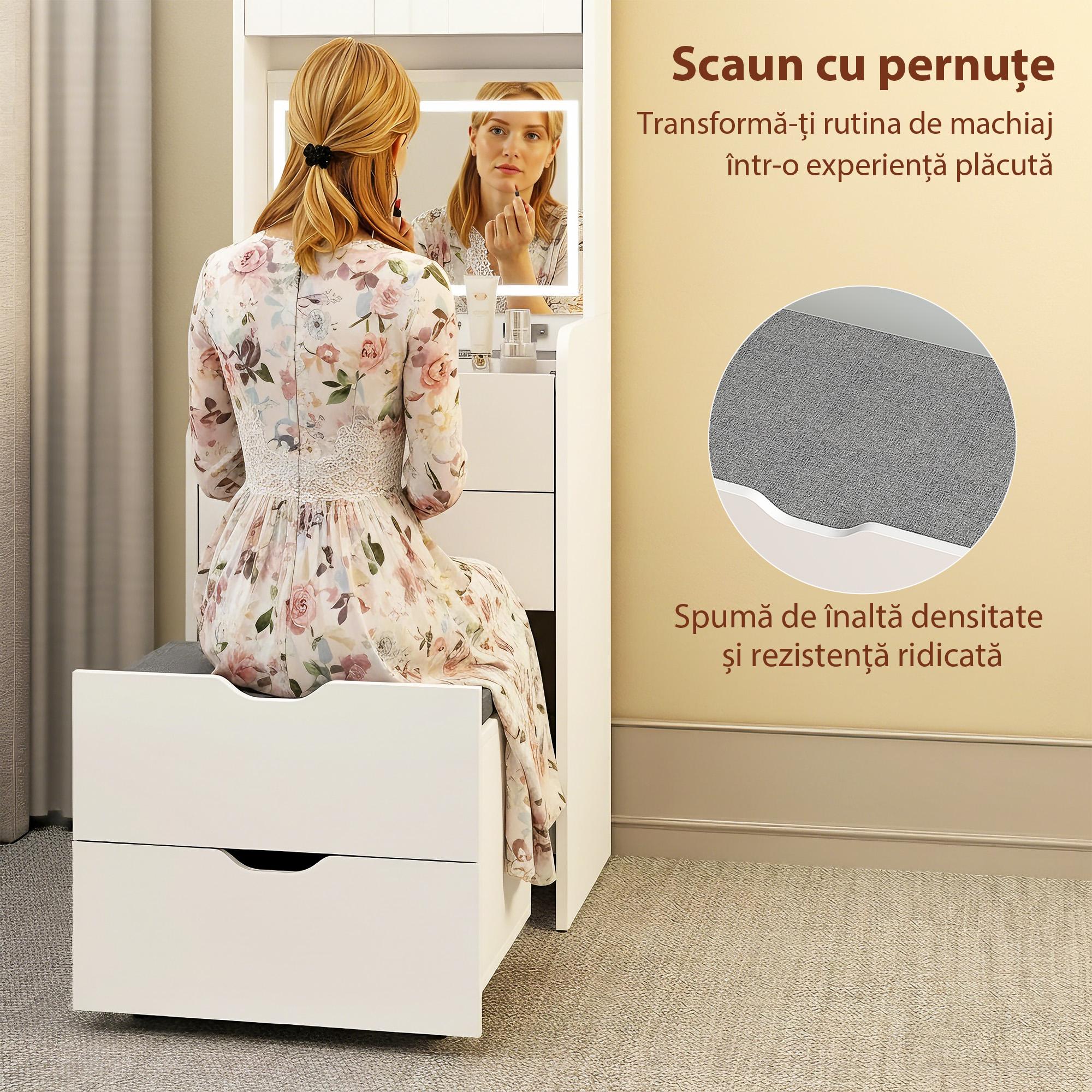  Masa de Toaleta pentru Machiaj cu Oglinda Iluminata si Taburet, Lumina Reglabila, Sertare si Dulap, Alb [7]