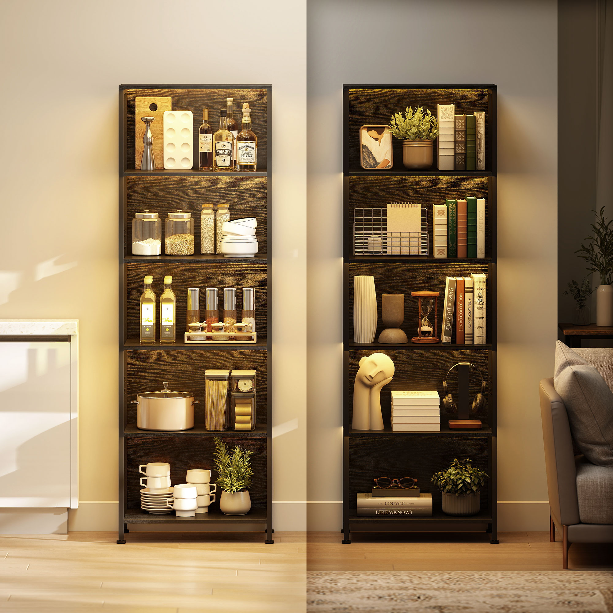  Biblioteca Industriala cu 5 Rafturi si Iluminare LED, din Metal si Lemn, 60x30x179 cm, Negru [6]