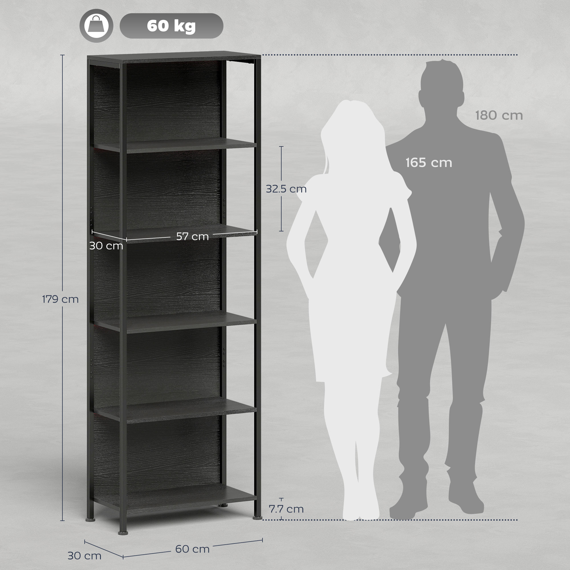  Biblioteca Industriala cu 5 Rafturi si Iluminare LED, din Metal si Lemn, 60x30x179 cm, Negru [2]