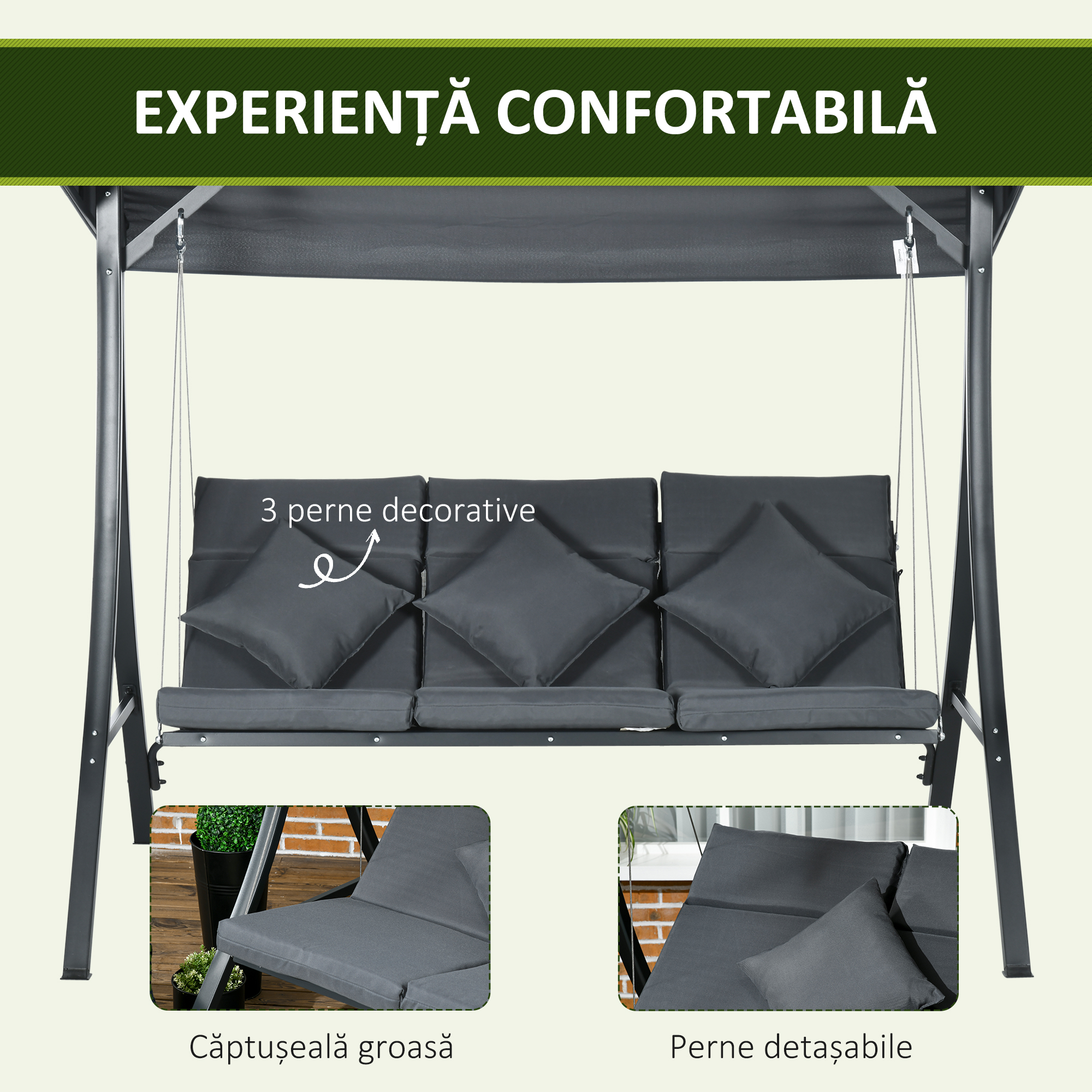  Leagan de gradina pentru 3 persoane cu acoperis reglabil, din otel si poliester, 202x115x168 cm, gri inchis [5]