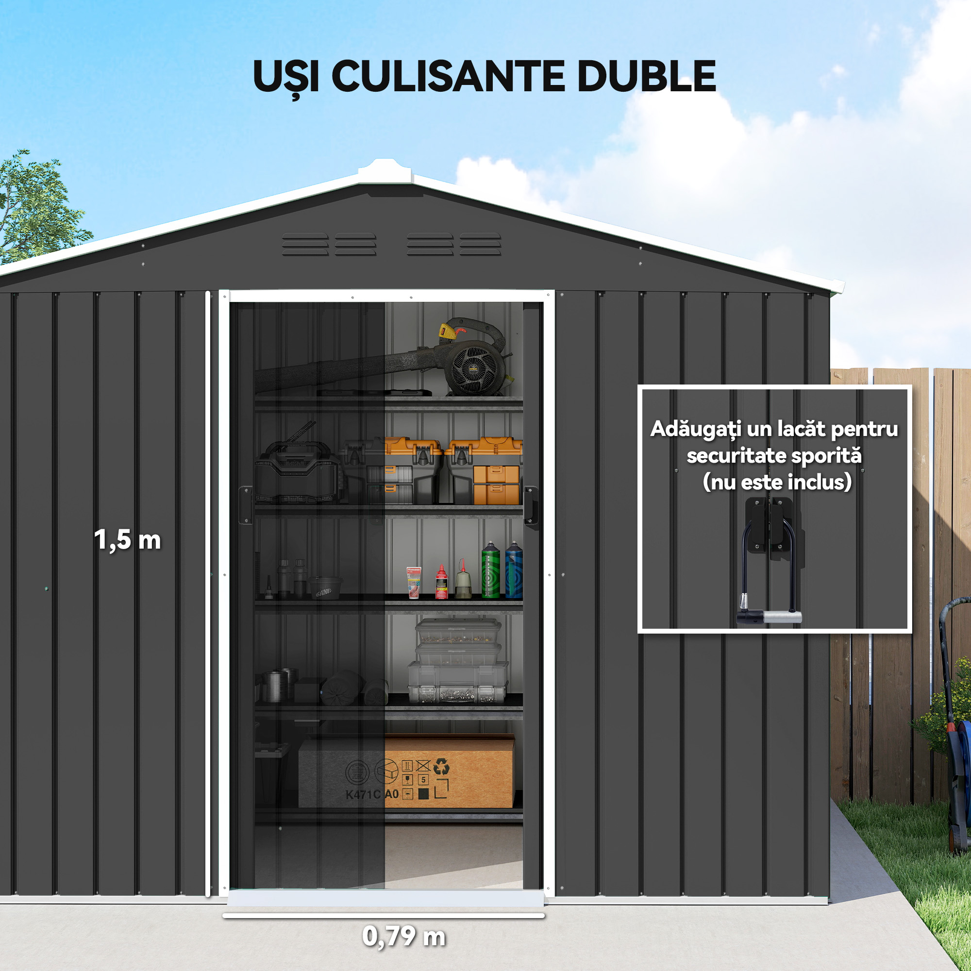  Casuta de Gradina 3.6m² din Otel Galvanizat cu Guri de Aerisire, Depozit de Gradina cu Usi Glisante Blocabile, Acoperis inclinat, Casuta pentru Unelte, Gri inchis [4]