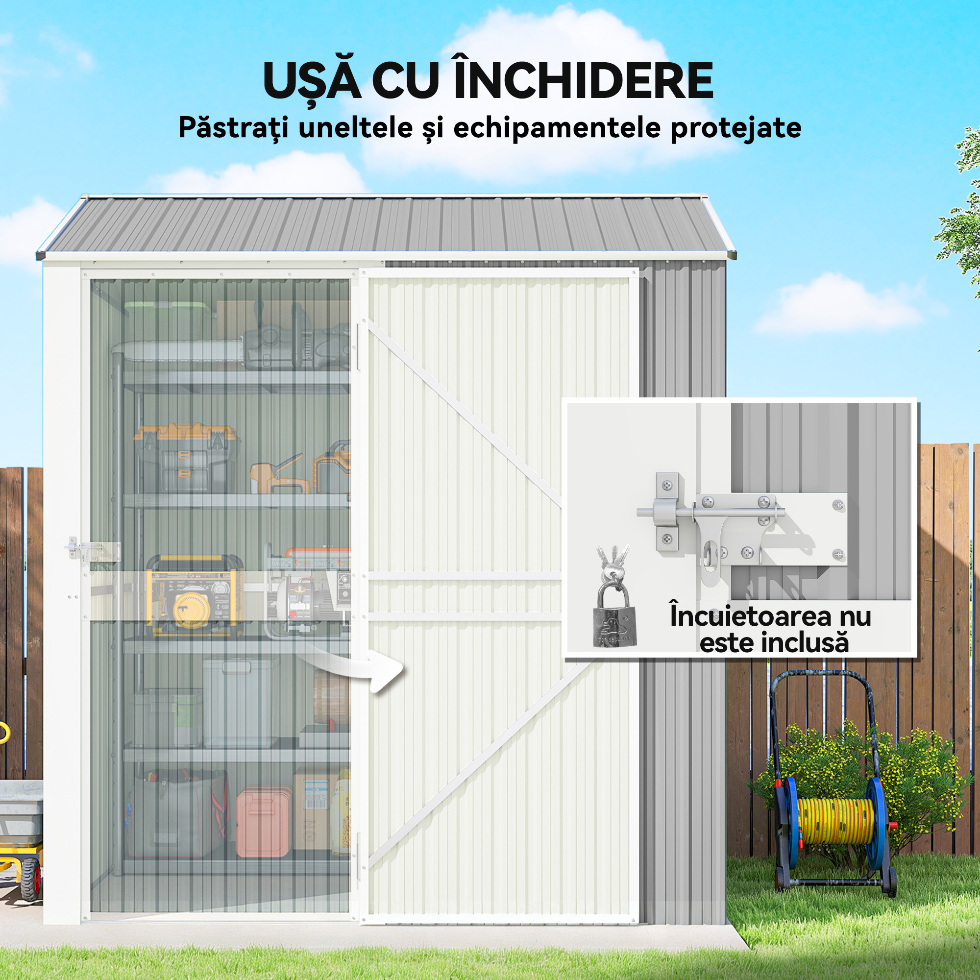 sopron de Gradina inalt de 3.51m² din Otel Galvanizat cu Orificii de Ventilatie, sopron de Gradina cu Usa Blocabila, Acoperis inclinat, Manusi, sopron pentru Unelte, 209x177x236 cm, Gri Argintiu [5]