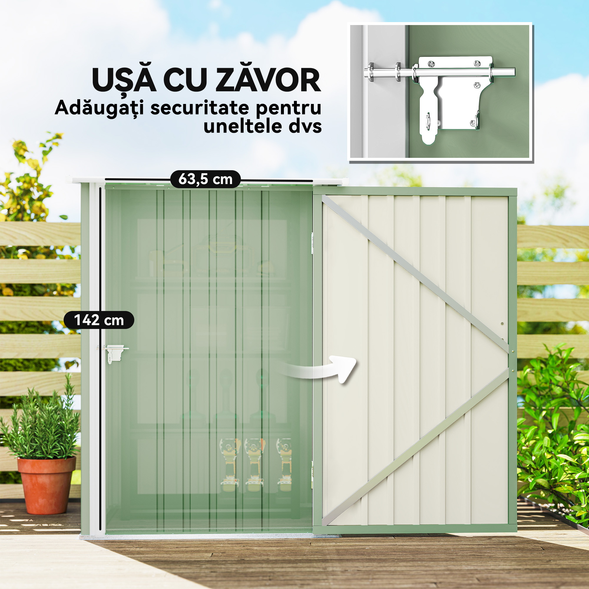  Magazie de Gradina 0,92m² din Otel Galvanizat, Depozit pentru Unelte cu Usa Blocabila, Acoperis inclinat, 100x104x160 cm, Verde Deschis [4]