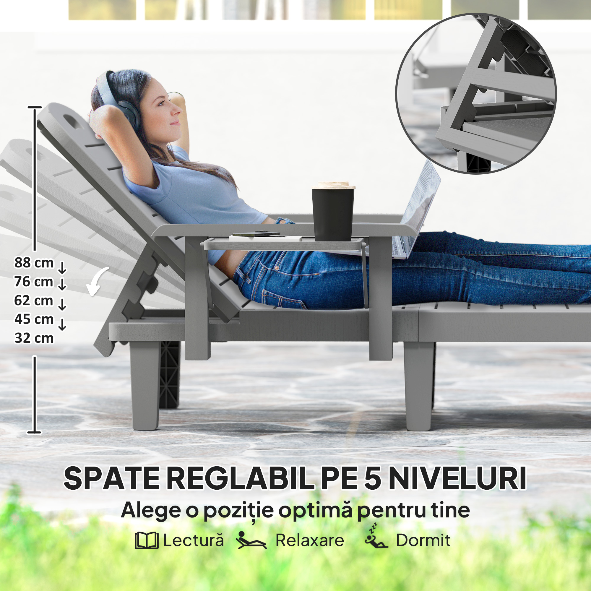  Set 2 sezlonguri cu Spatar Reglabil in 5 Pozitii, Masuta si Brate Ergonomice, 79x158x88 cm, Gri [3]