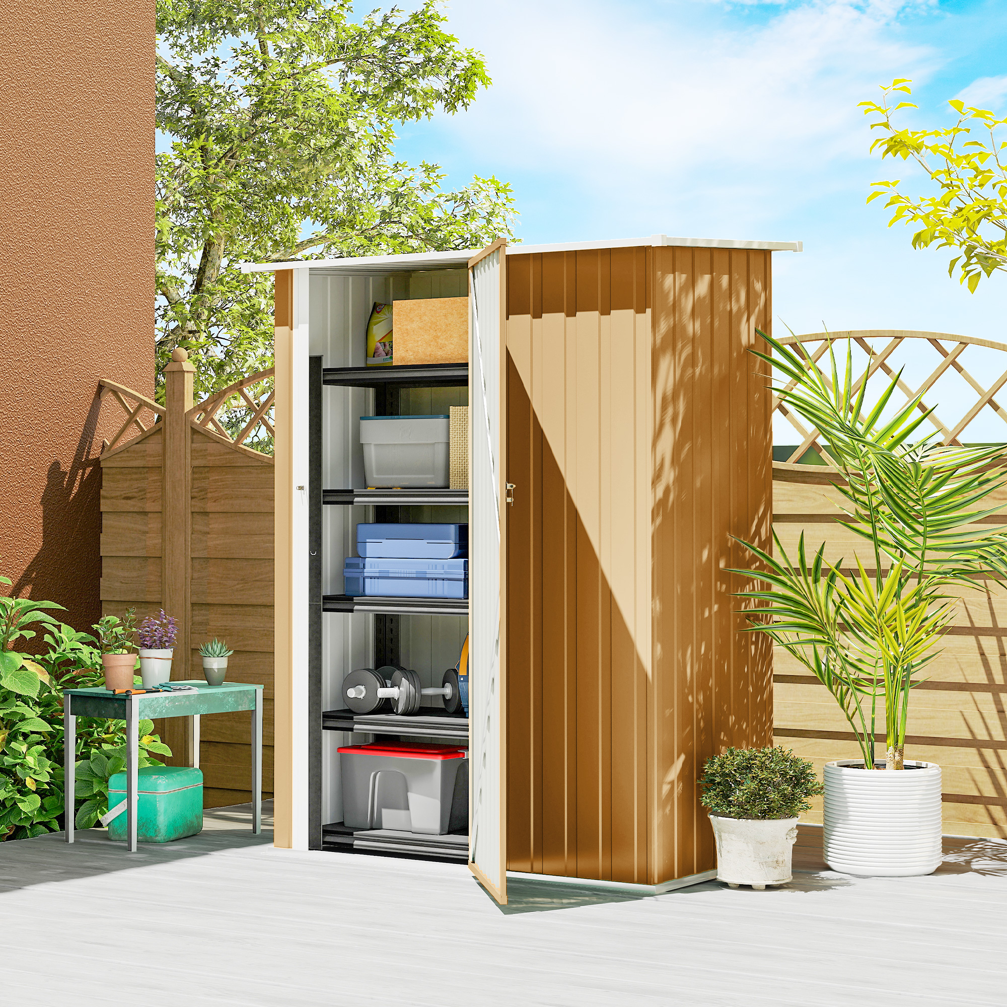  Magazie pentru unelte din metal cu acoperis inclinat si usa blocabila, 142x86x189 cm, galben [1]