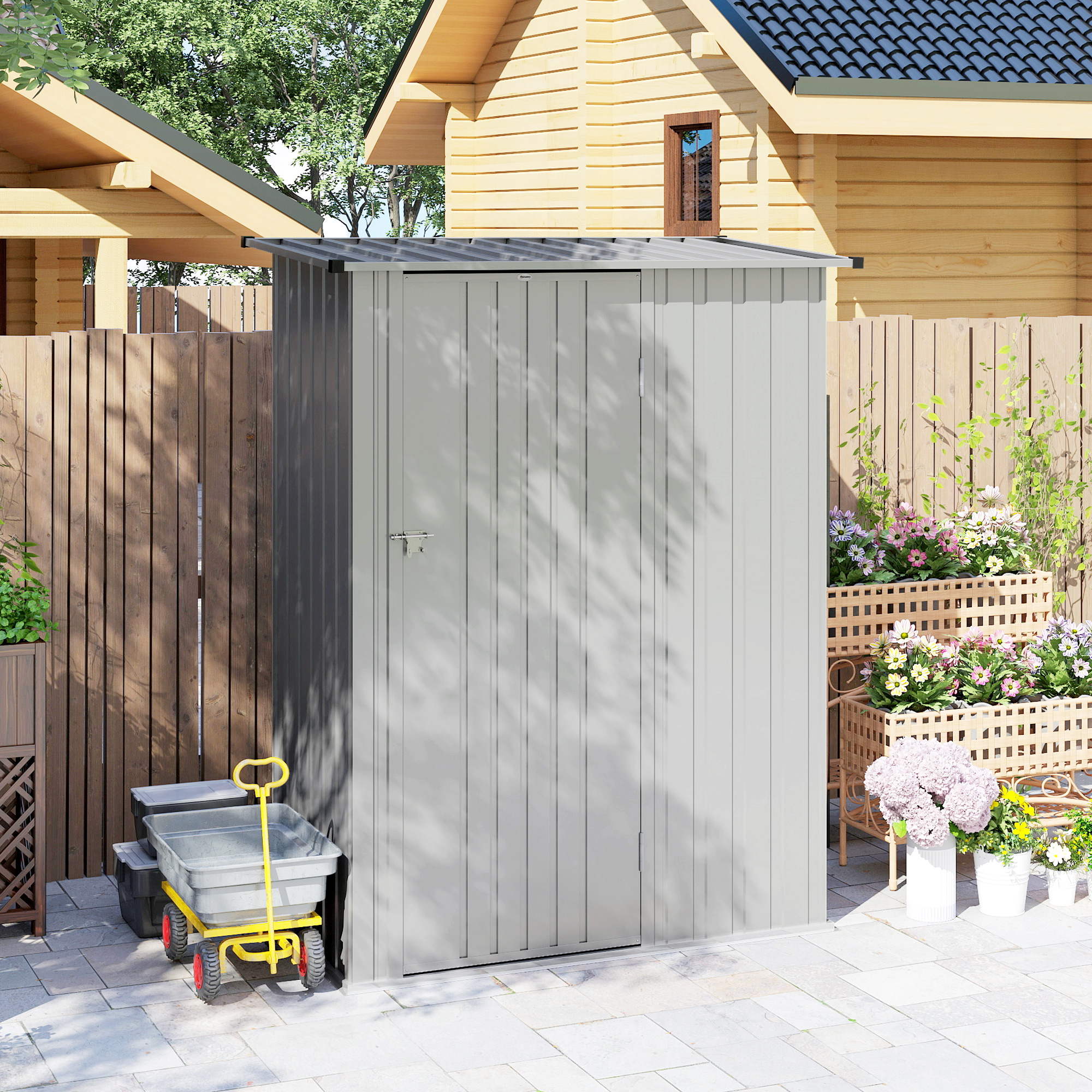  Casuta pentru Gradina 1,07m² din Otel Galvanizat, Casuta pentru Unelte cu Usa Blocabila, Acoperis inclinat, 142x86x189 cm, Argintiu [7]