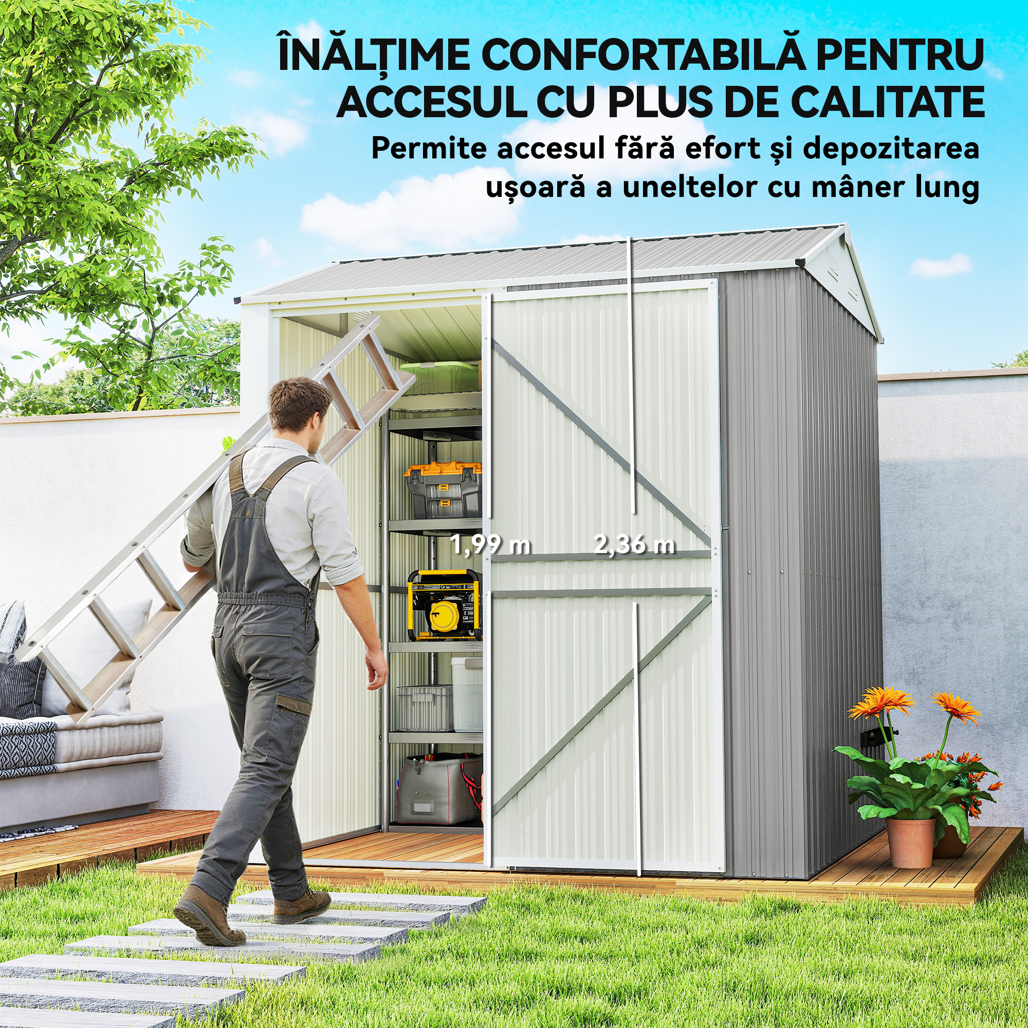  sopron de Gradina inalt de 3.51m² din Otel Galvanizat cu Orificii de Ventilatie, sopron de Gradina cu Usa Blocabila, Acoperis inclinat, Manusi, sopron pentru Unelte, 209x177x236 cm, Gri Argintiu [3]