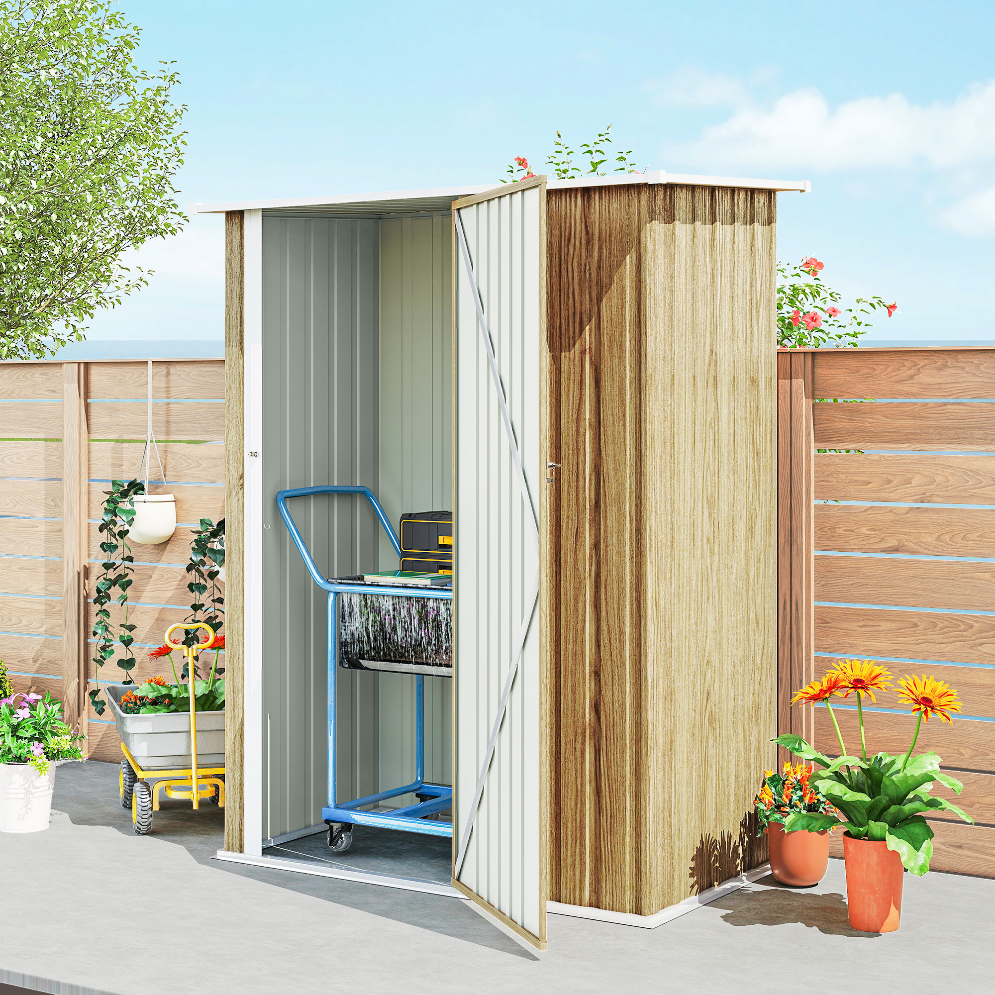  Depozit de Unelte din Metal cu Acoperis inclinat si Usa Blocabila, 142x86x189 cm, culoare lemn [8]