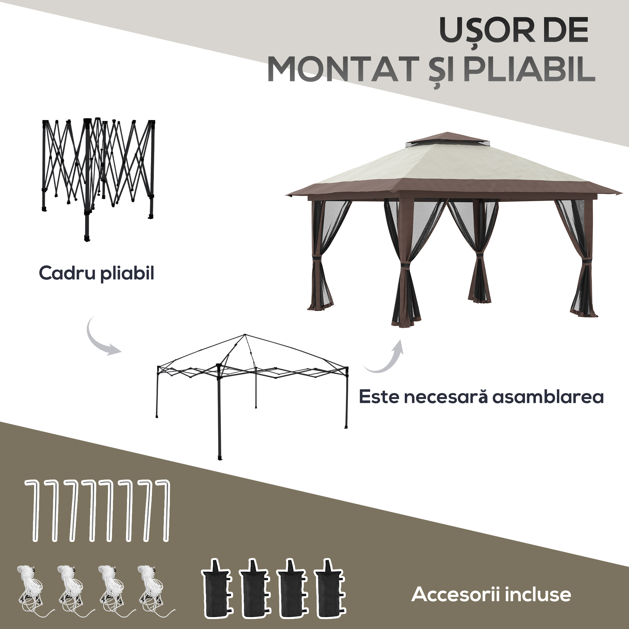 Pavilion  pliabil 4x4 m cu inaltime reglabila, plasa de tantari si geanta, din metal si material Oxford, bej [4]