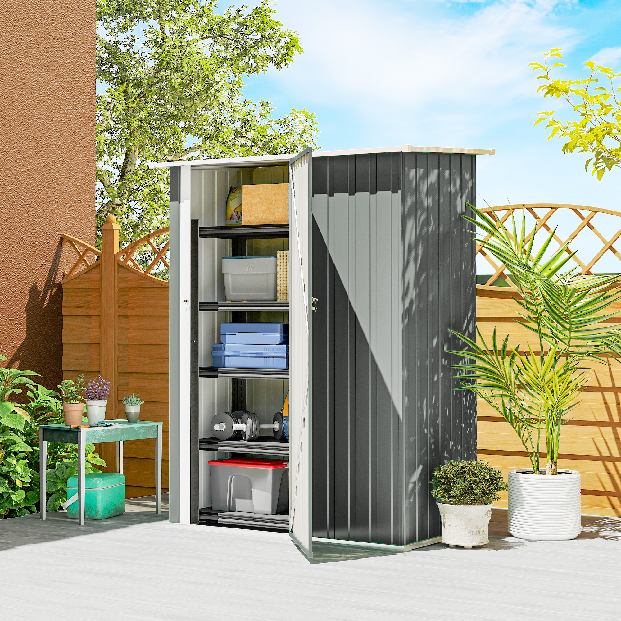  Casuta de Gradina 1.07m² din Otel Galvanizat, Casuta pentru Depozitare cu Usa Blocabila, Acoperis inclinat, 142x86x189 cm, Gri Deschis [1]