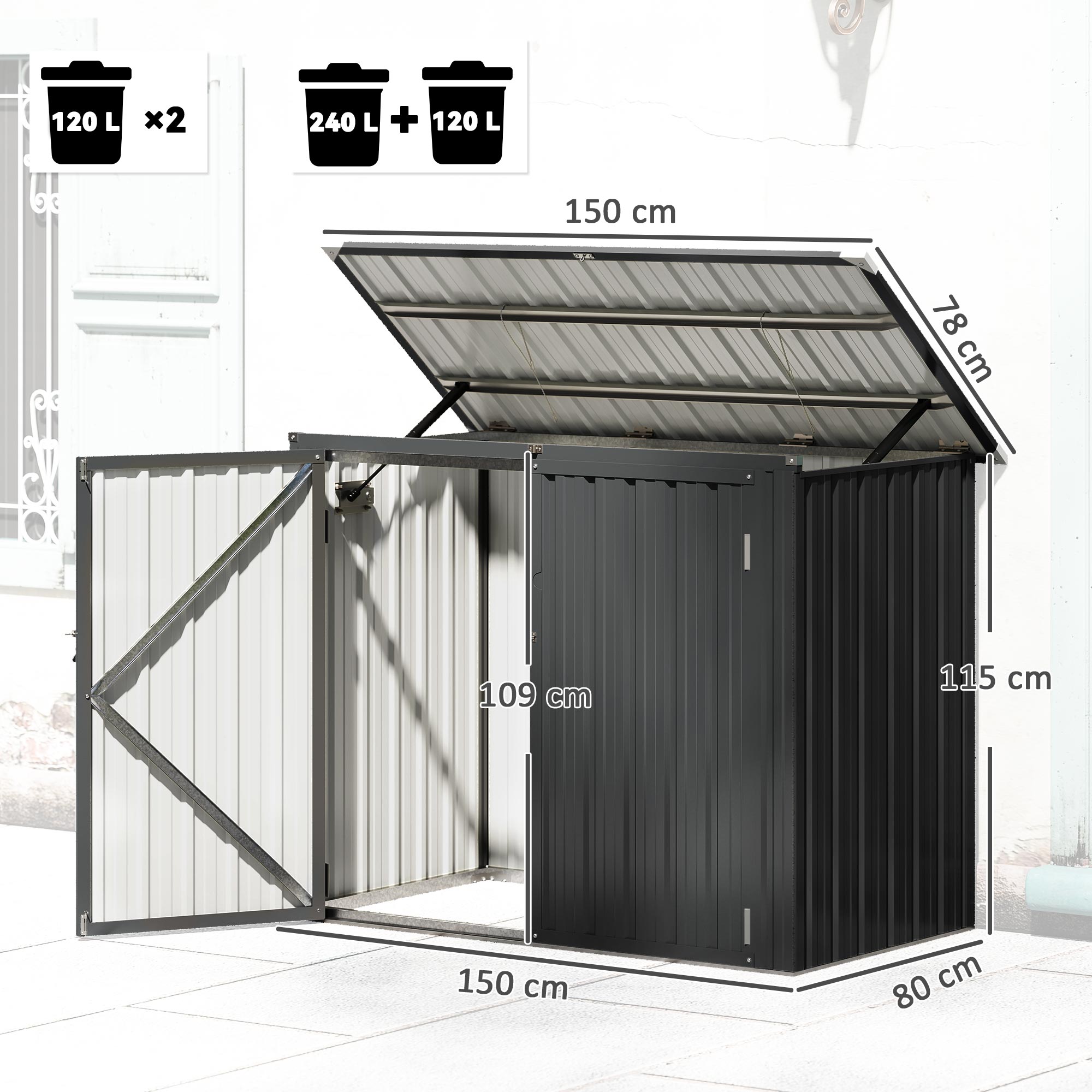  Depozit pentru Exterior 1.1m² din Otel Galvanizat cu 2 Usi Blocate, Depozit pentru Cosuri de Gunoi cu Capac Rabatabil, Magazina pentru Gradina pentru 2 Cosuri si Unelte, Gri inchis [2]