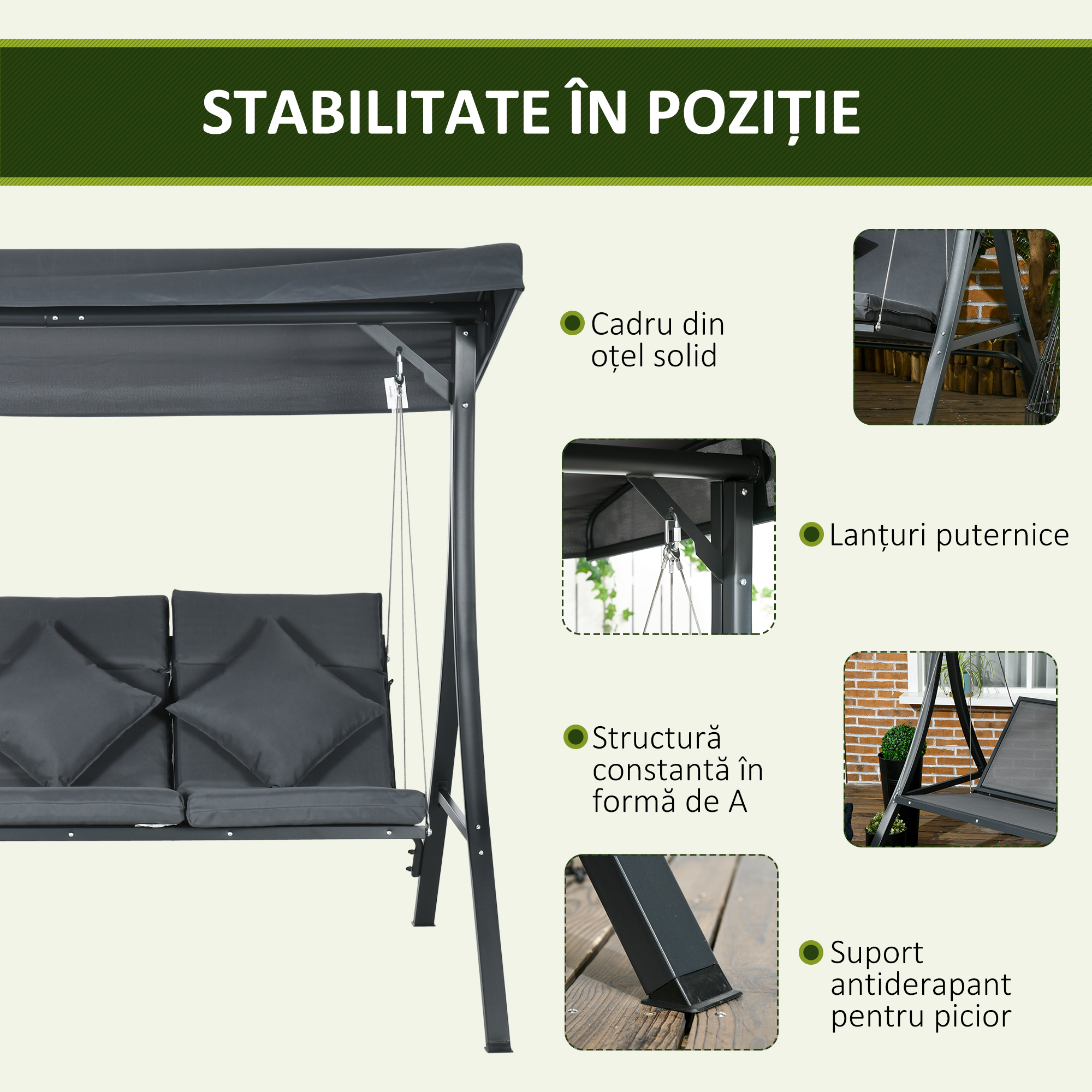  Leagan de gradina pentru 3 persoane cu acoperis reglabil, din otel si poliester, 202x115x168 cm, gri inchis [6]