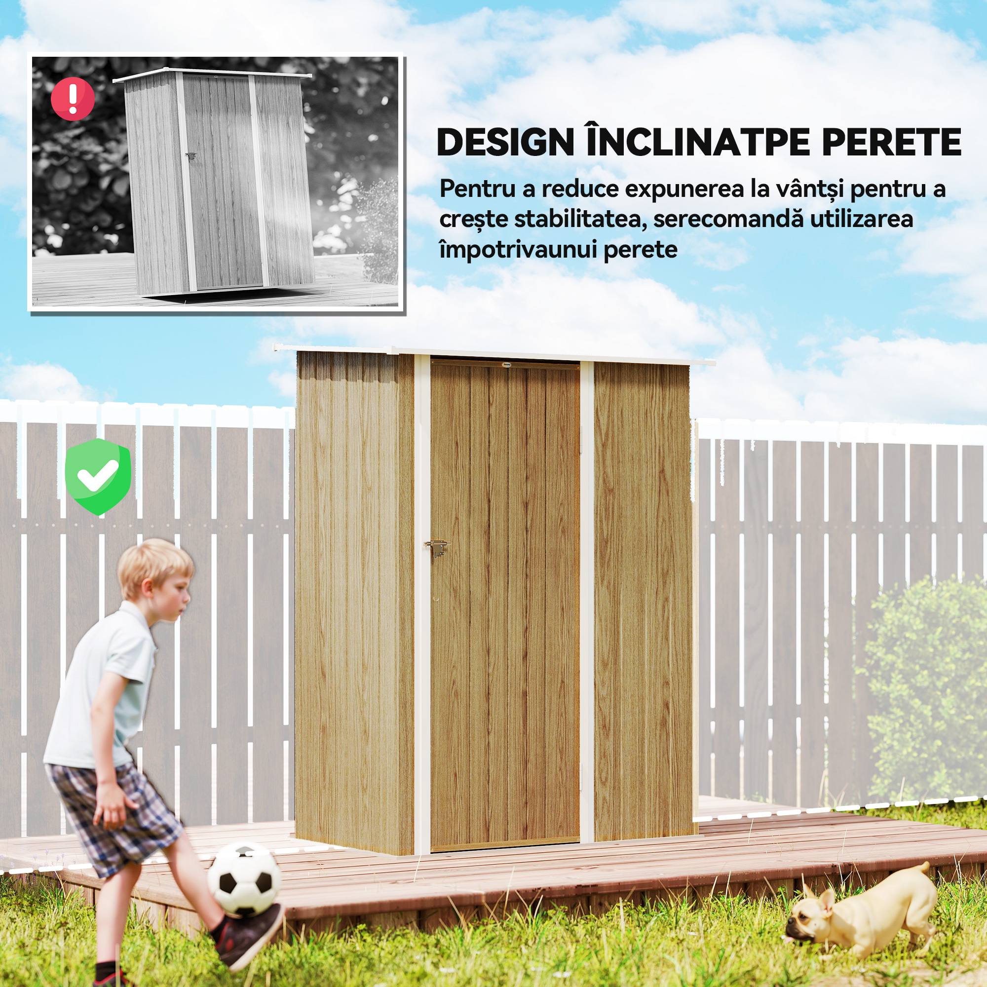  Depozit de Unelte din Metal cu Acoperis inclinat si Usa Blocabila, 142x86x189 cm, culoare lemn [5]