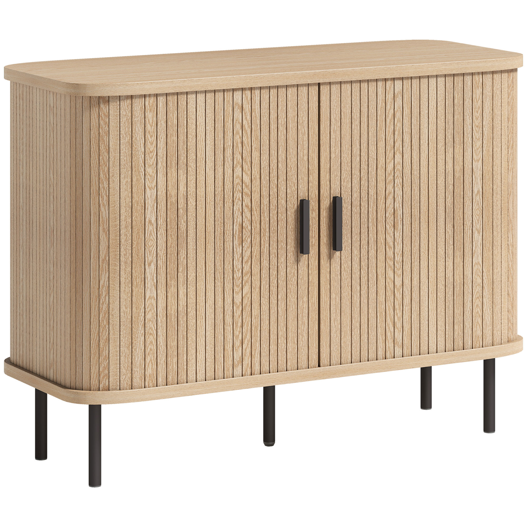 HOMCOM Aparador para salón, mueble de almacenaje con 2 puertas correderas tipo tambor con listones y 4 compartimentos, roble