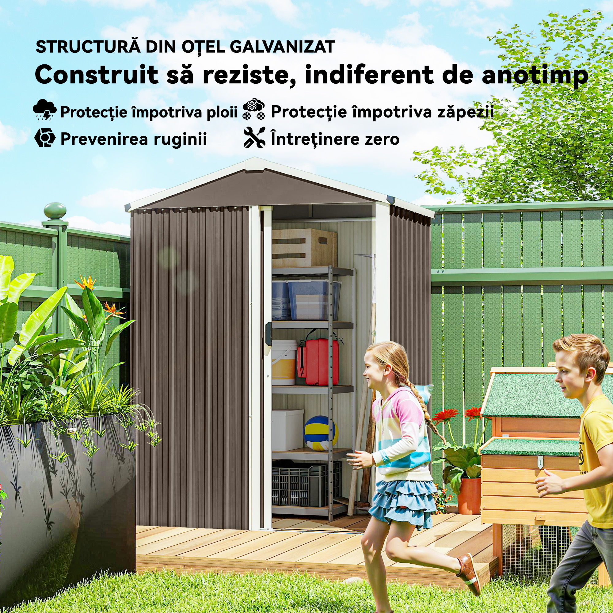  Casuta de Gradina din Otel 1,1m² cu Usa Culisanta Blocabila, 136x87x179 cm, Maro [3]