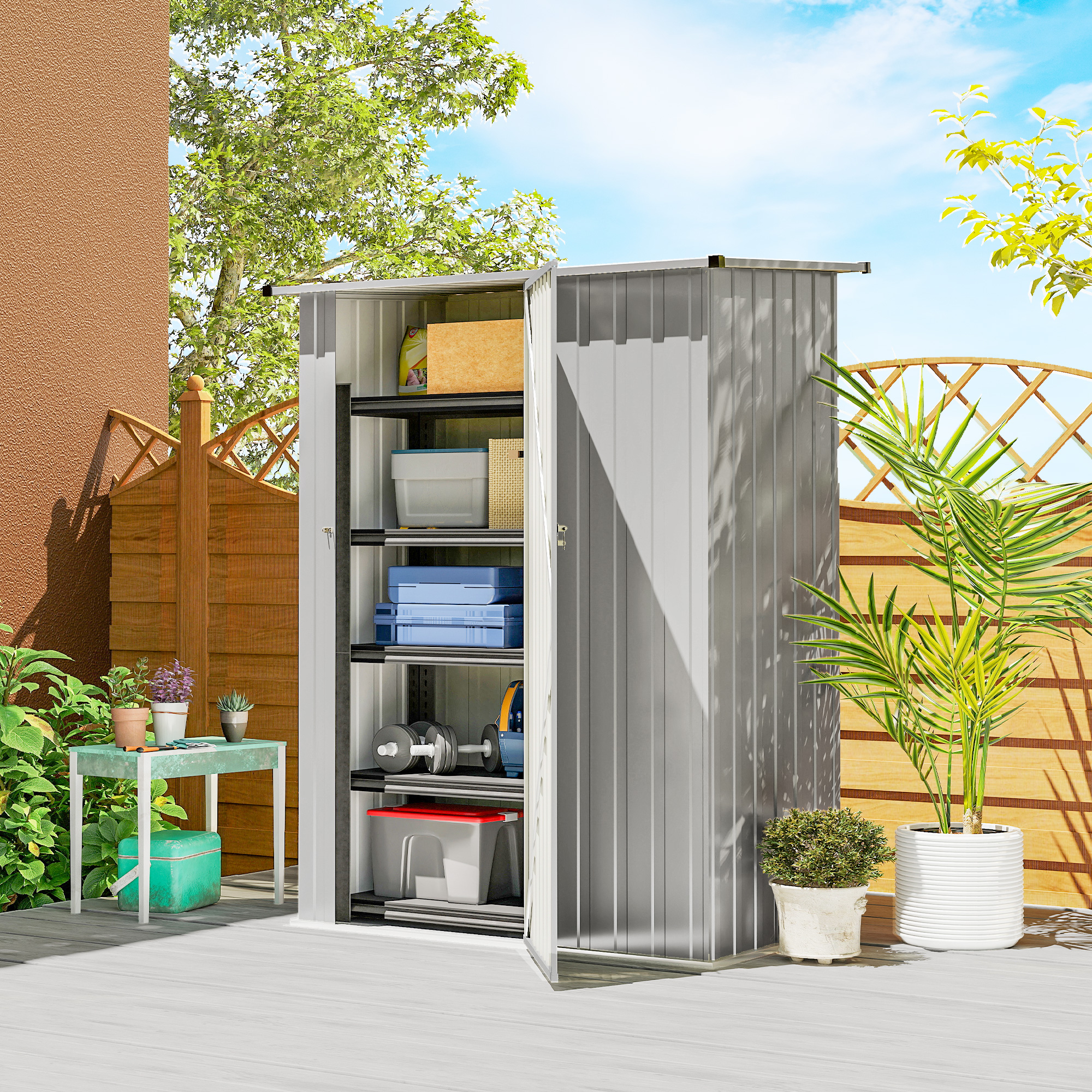  Casuta pentru Gradina 1,07m² din Otel Galvanizat, Casuta pentru Unelte cu Usa Blocabila, Acoperis inclinat, 142x86x189 cm, Argintiu [1]