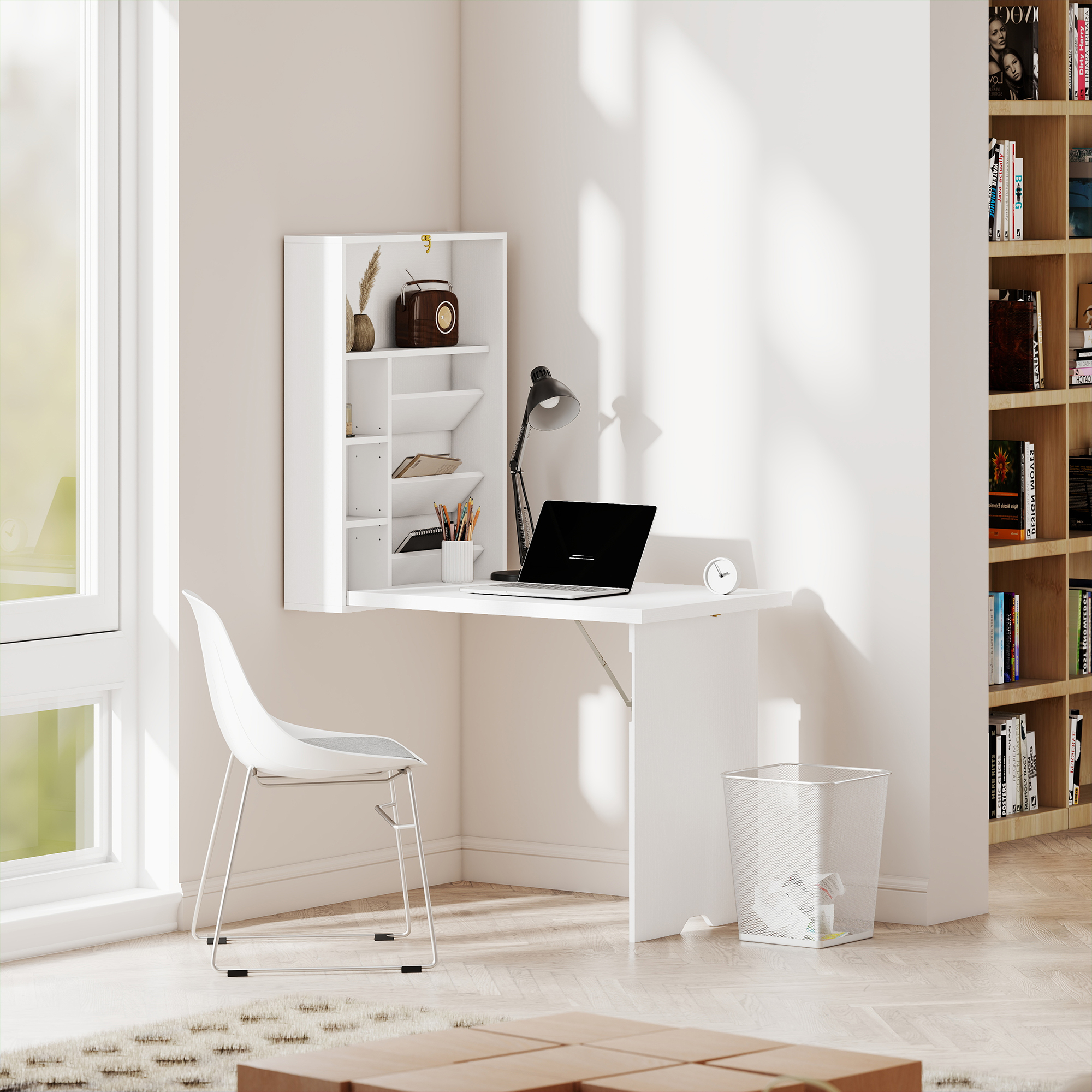HOMCOM Scrivania a muro pieghevole, tavolo a parete pieghevole con ripiani per soggiorno, sala da pranzo, ufficio, 93,8 x 60 x 147 cm, bianco | Italy