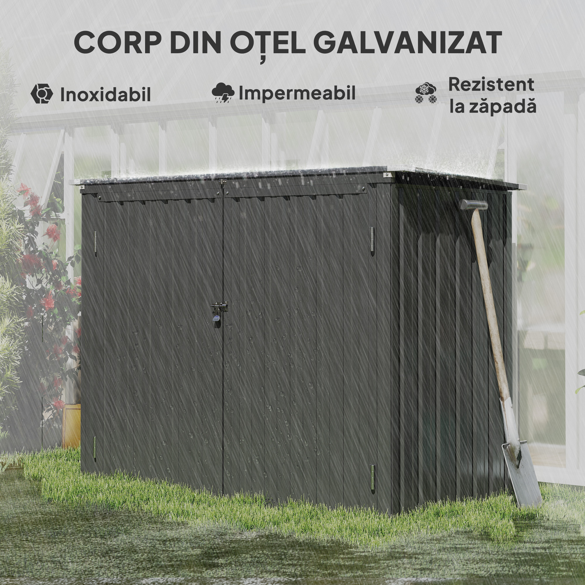  Depozit pentru Exterior 1.1m² din Otel Galvanizat cu 2 Usi Blocate, Depozit pentru Cosuri de Gunoi cu Capac Rabatabil, Magazina pentru Gradina pentru 2 Cosuri si Unelte, Gri inchis [7]