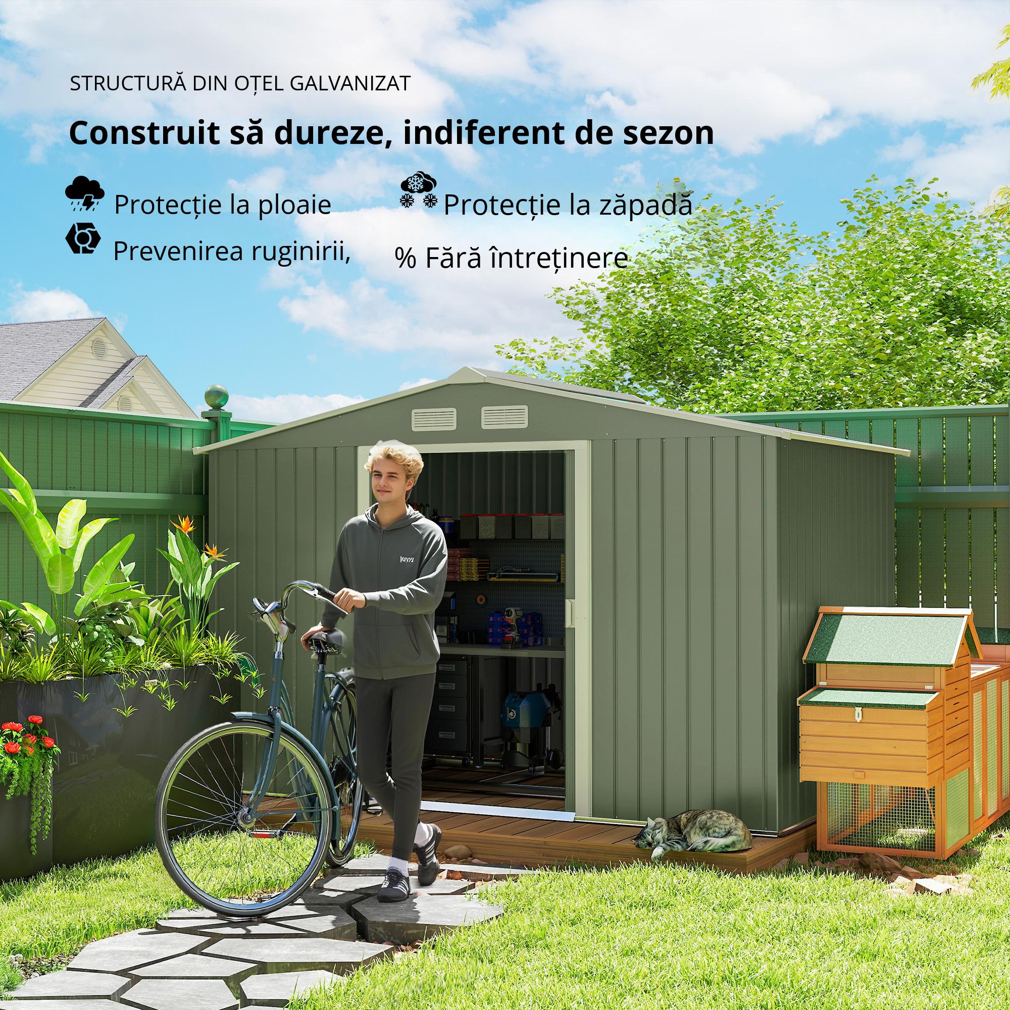  Magazie de gradina 277 x 195 x 192cm cu usi glisante duble, 4 orificii de aerisire, din otel durabil, verde [6]