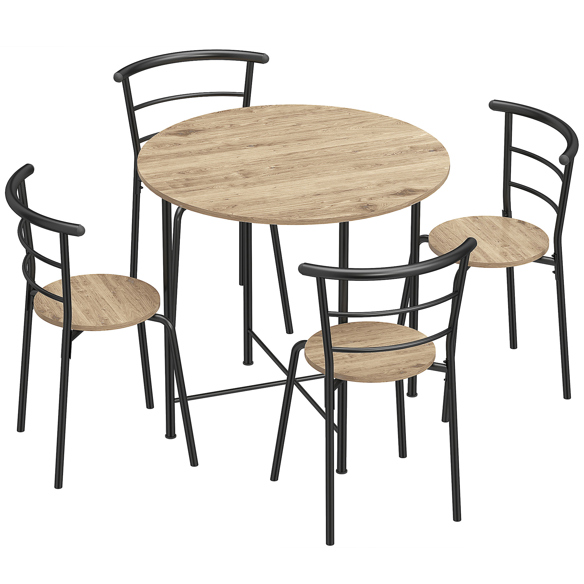 HOMCOM Juego de Mesa y 4 Sillas de Comedor Redonda Estilo Industrial Marco Metálico para Espacios Pequeños Salón Natural