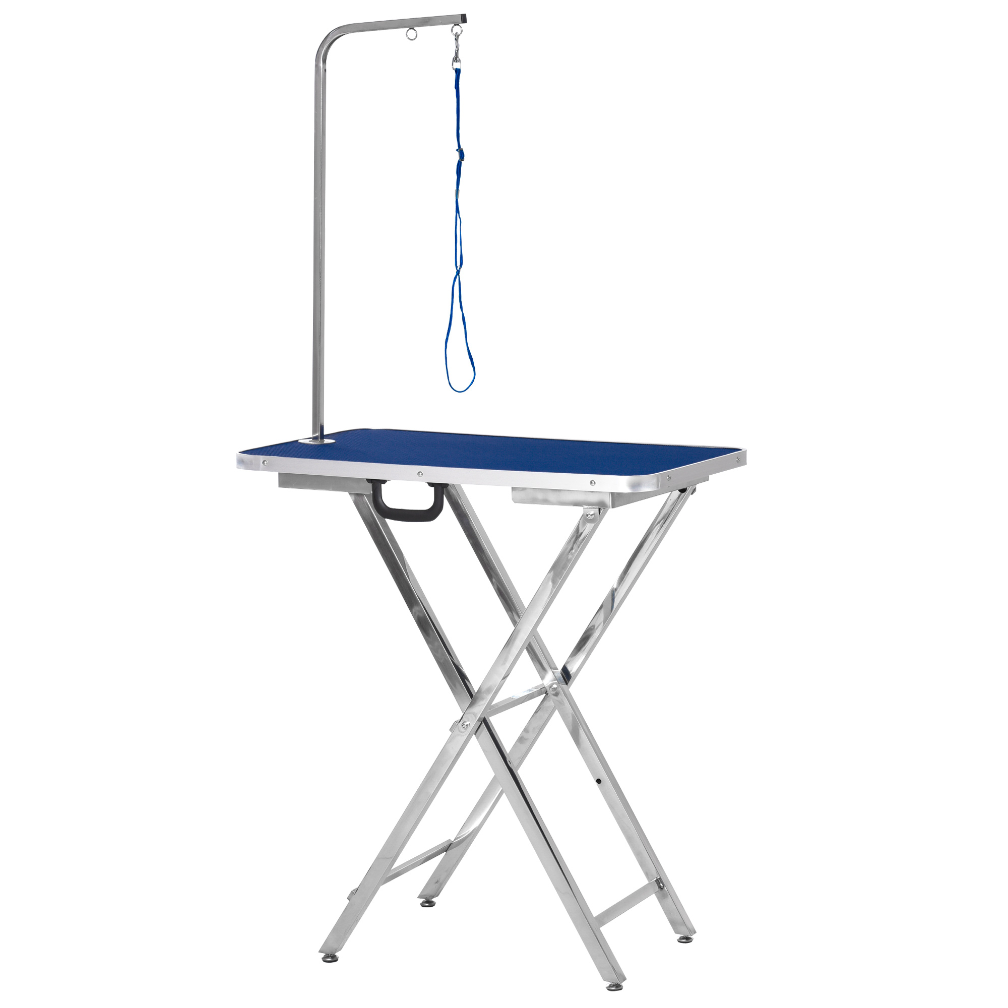PawHut Mesa de Peluquería para Mascotas con Encimera Antideslizante Patas Plegables Asa y Brazo 72x45x74-81 cm Azul