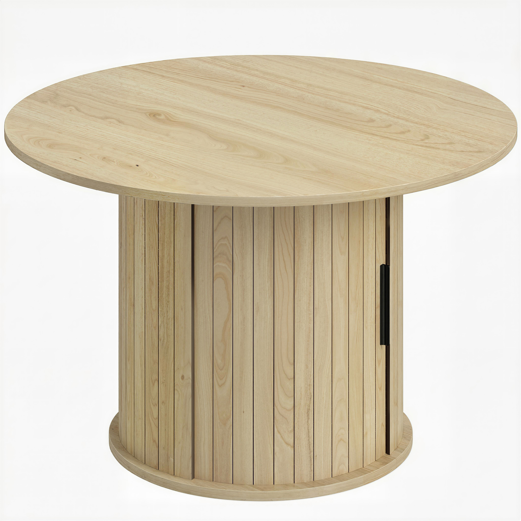 HOMCOM Mesa de Centro Redonda Mesa de Sala com Arrumação Porta Deslizante Ripada 2 Prateleiras Efeito Madeira Natural