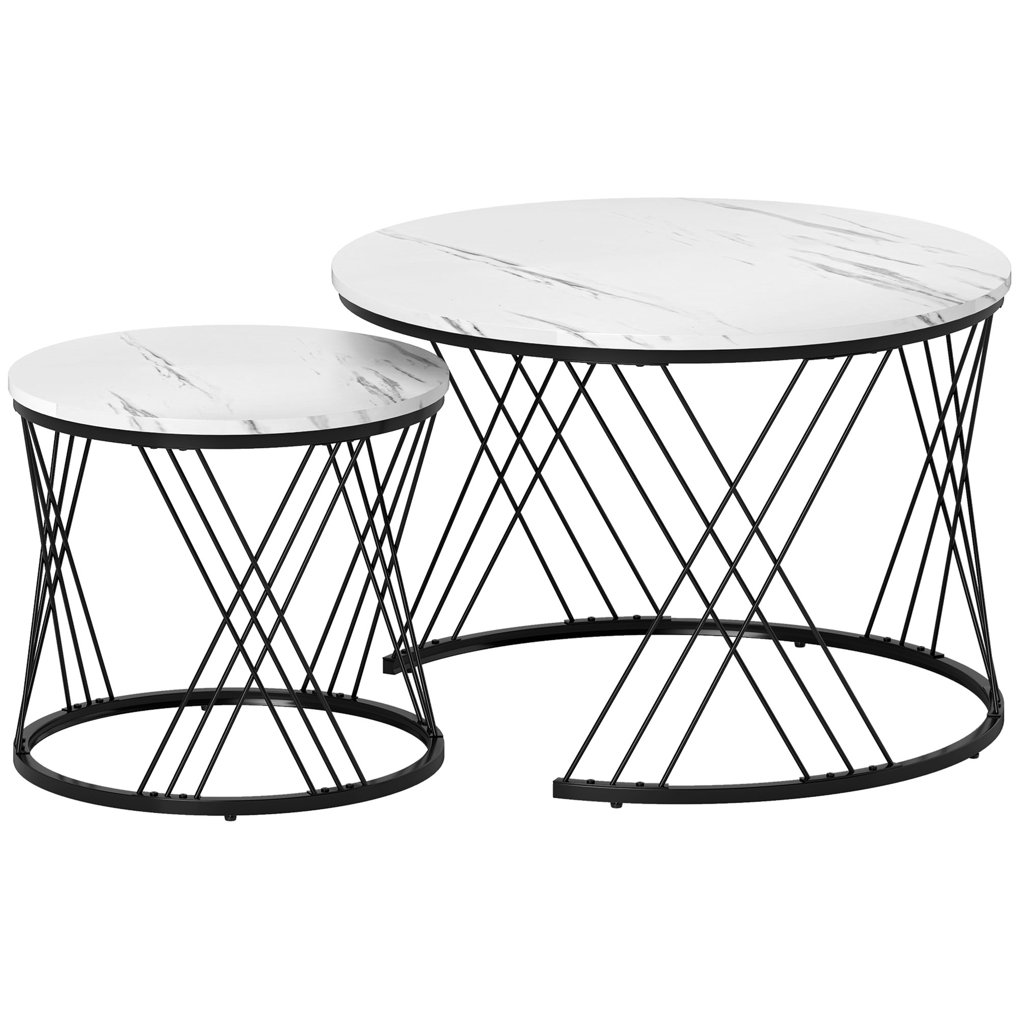 HOMCOM Okrągłe stoły kawowe w zestawie 2 szt., marmurowa powierzchnia, płyta wiórowa, metal, łatwość w przechowywaniu, Biały