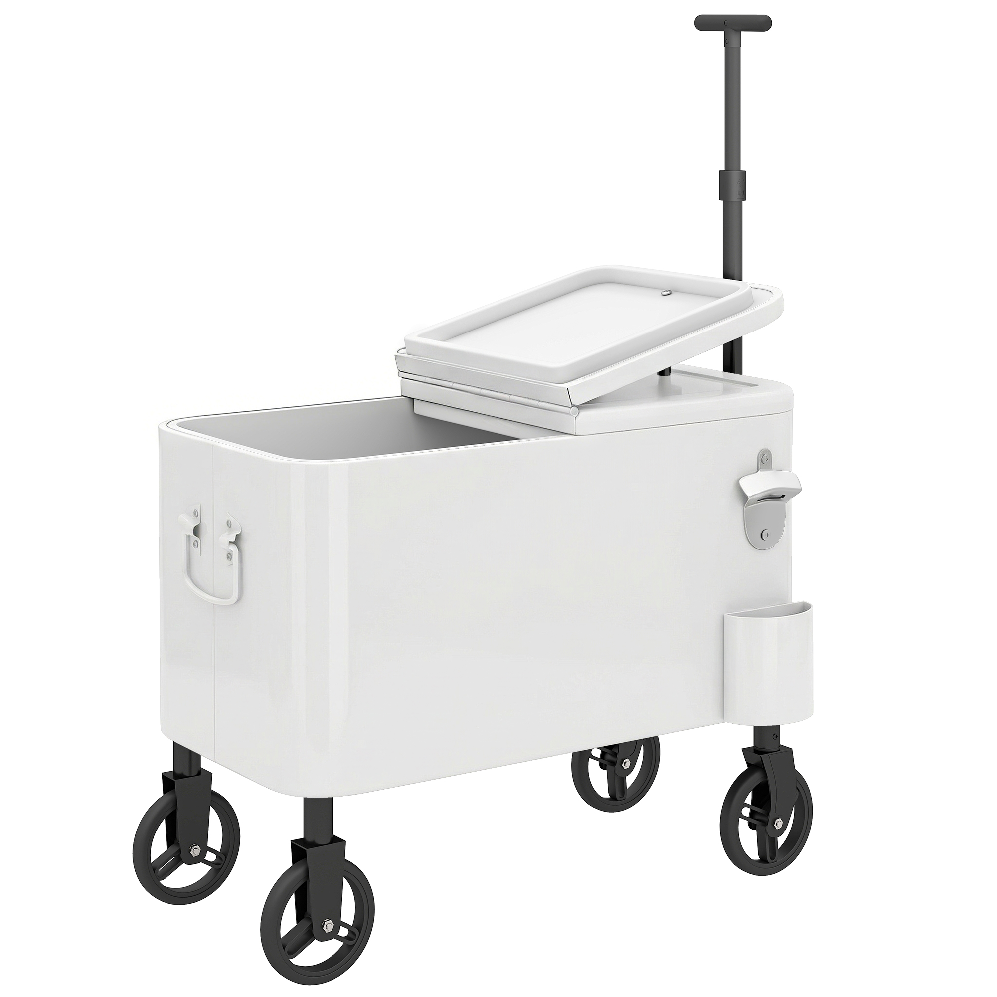 Outsunny Getränkekühlwagen 56 L mit Rollen, Getränkewagen mit verstellbarem Griff, Flaschenöffner, Kronkorkensammler, Ablauf und Griff, Kühltisch Garten Außenbereich für Terrasse, Party, BBQ, 75x35x120 cm, Weiß Aosom