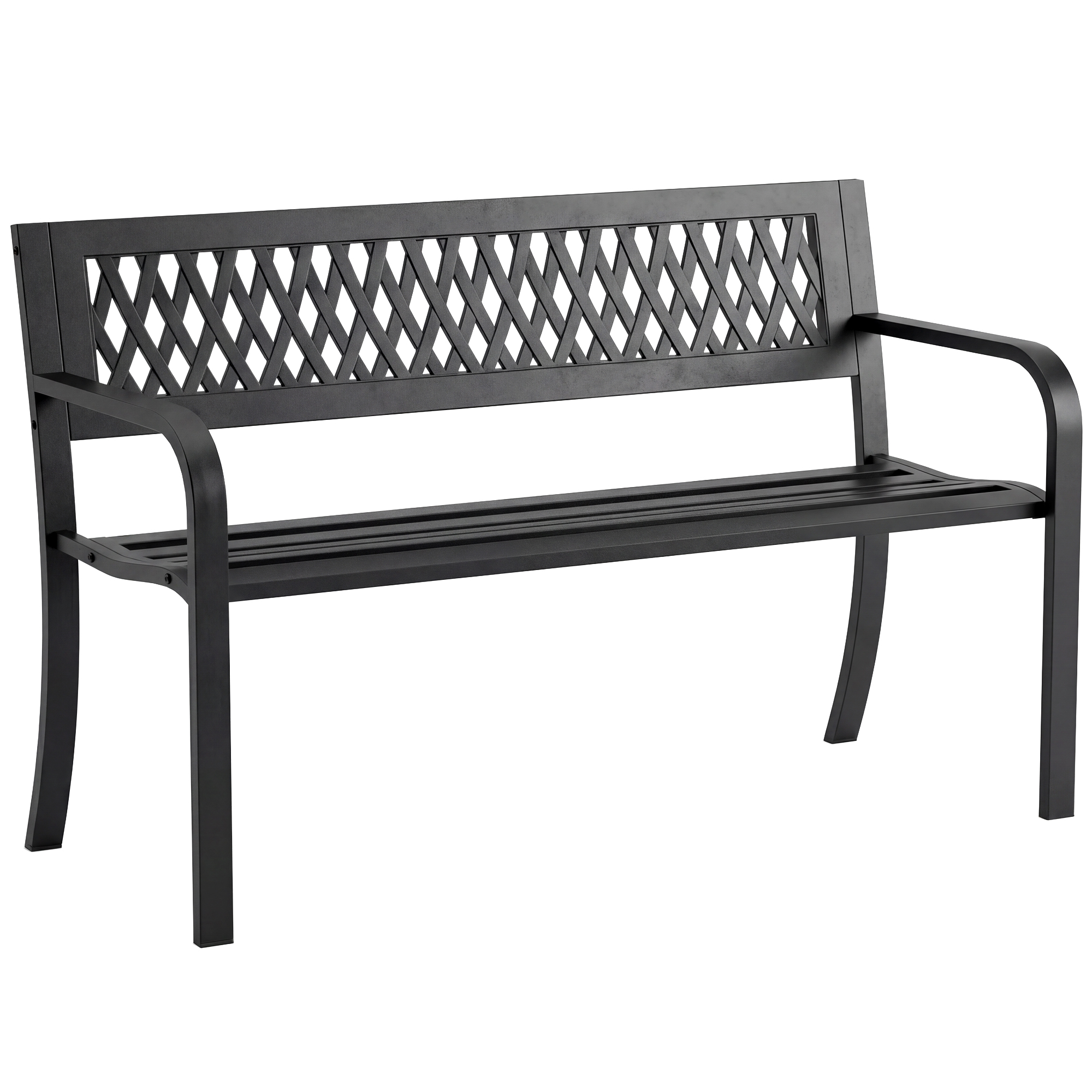 Outsunny Banco de Jardín Exterior de 2 Plazas  con Asiento Listonado Reposabrazos y Marco de Acero 119x50x75 cm Negro