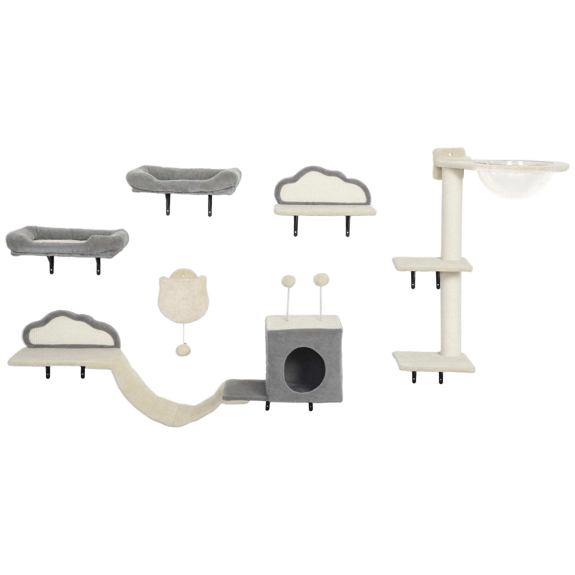 Meilleurs prix pour PawHut Étagères murales pour chat ensemble de meubles muraux 6 pièces hamac à bulles en acrylique niche hamac échelle beige