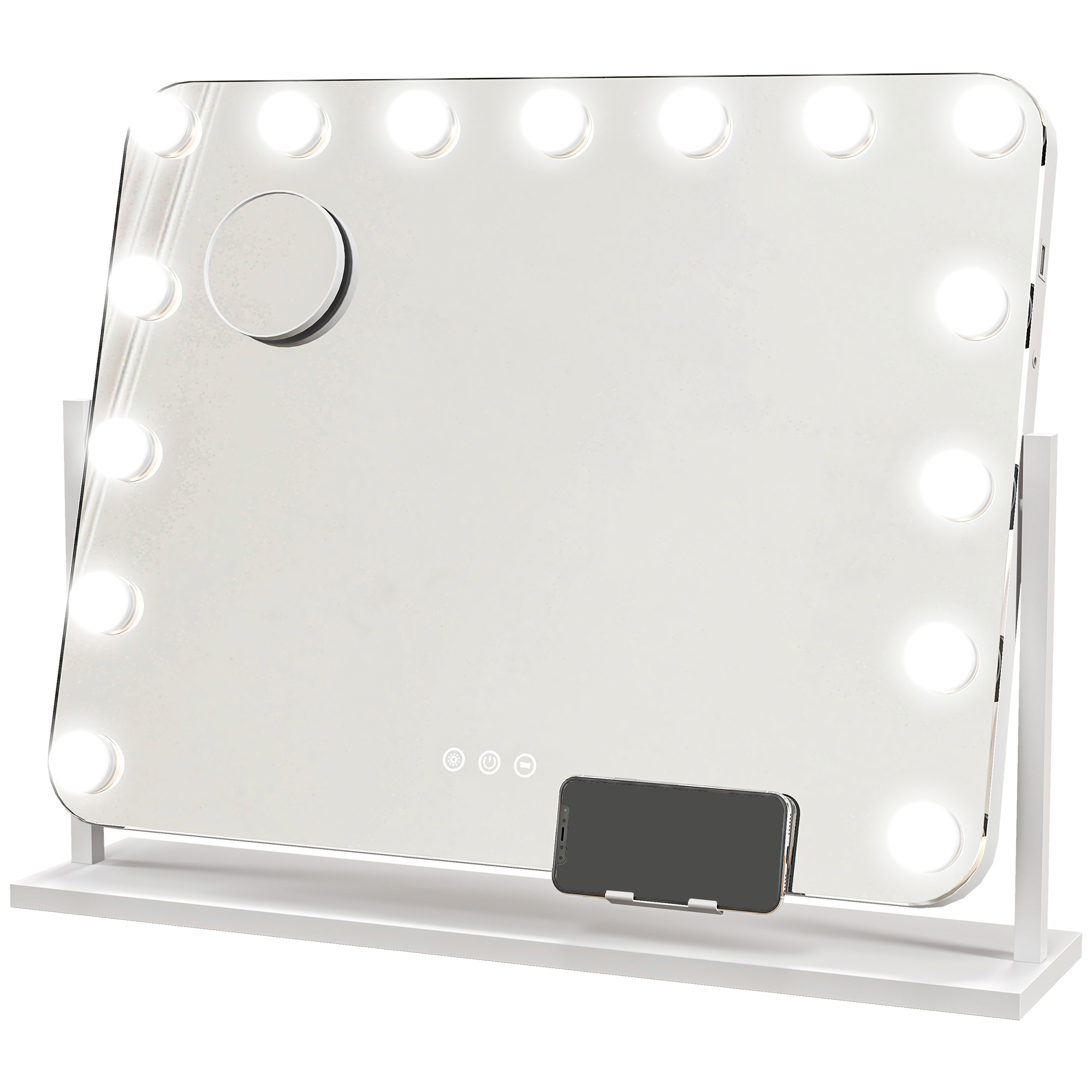 HOMCOM Lustro Kosmetyczne LED, 3 Tryby Światła, Regulacja Jasności, Dotyk, USB, 62,5 x 49,5 cm, Białe