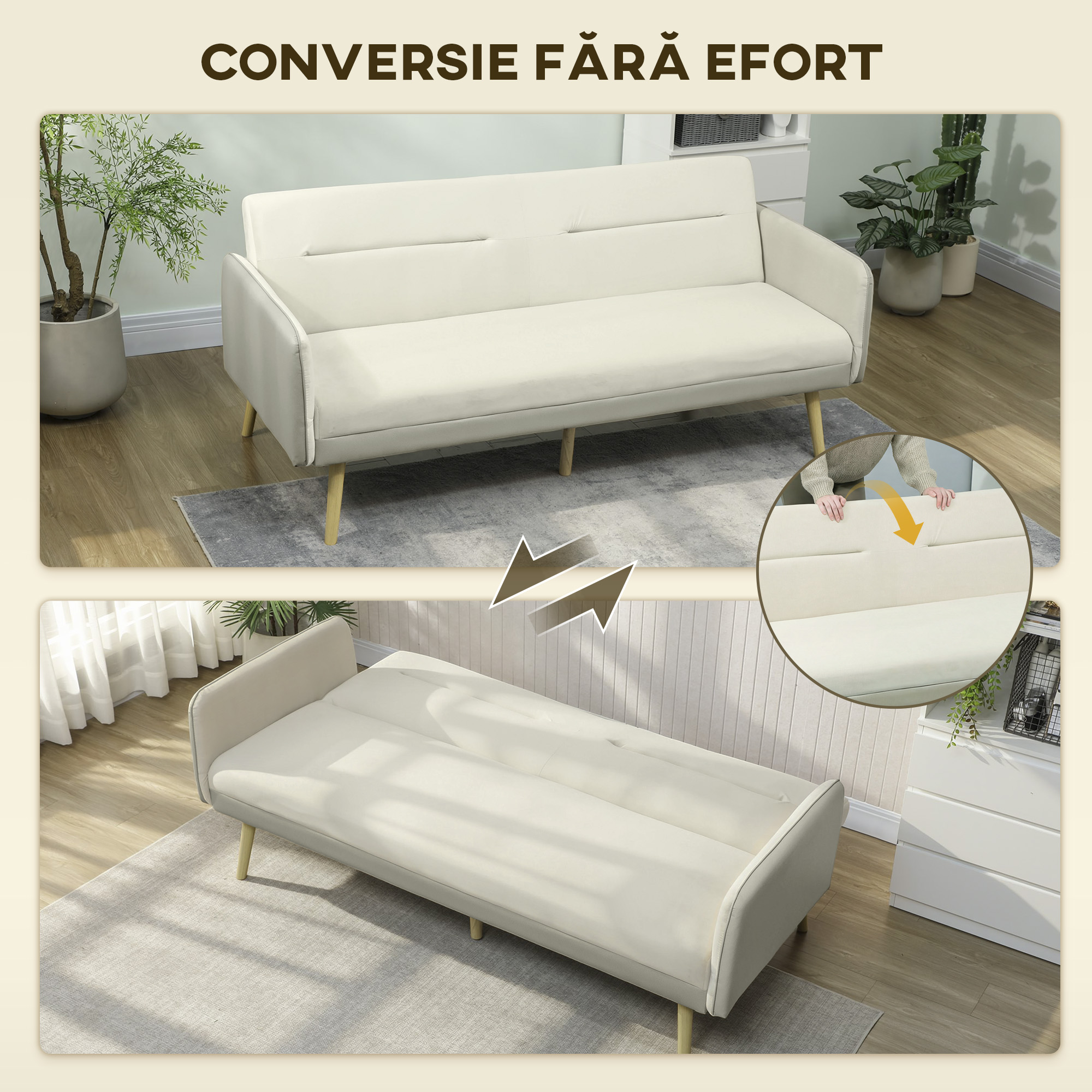  Canapea extensibila 3 locuri cu spatar rabatabil si tapiterie cu efect de catifea, 185x84x83 cm, bej [3]