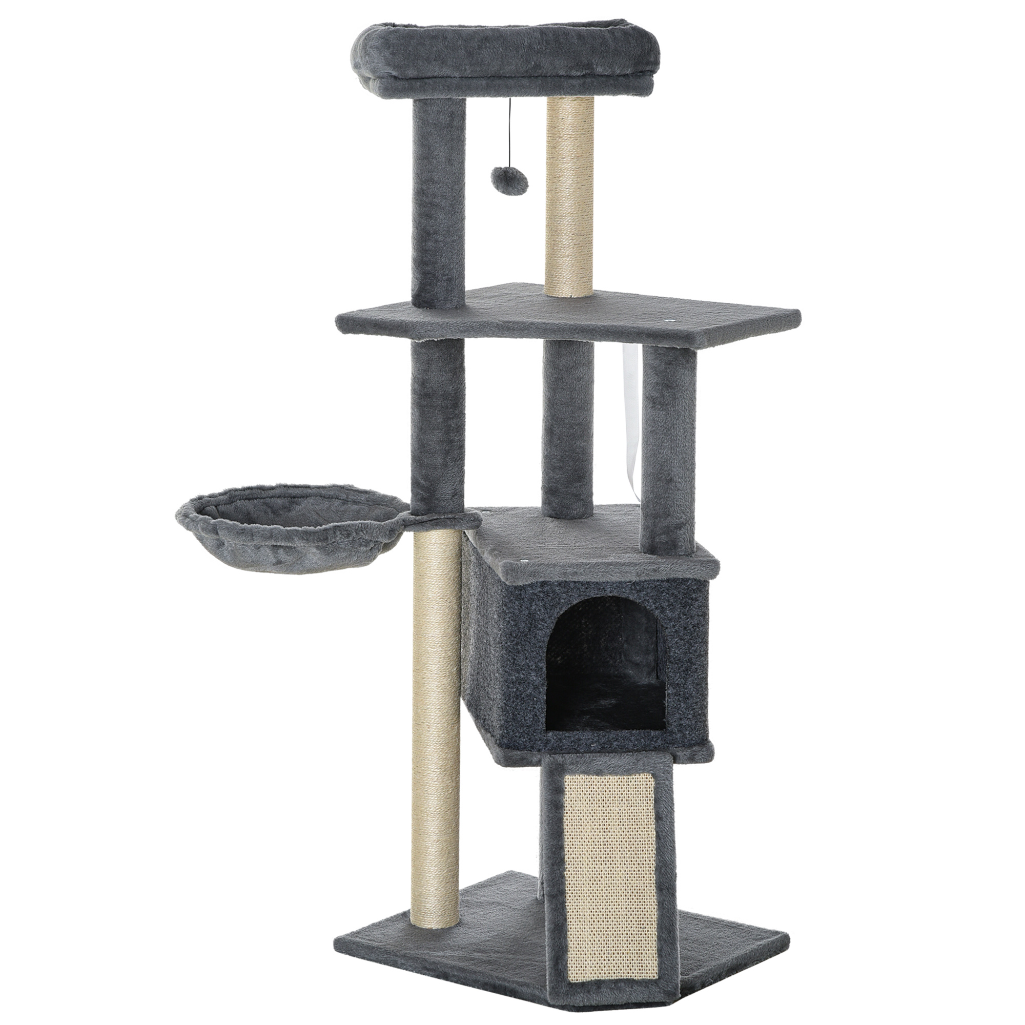 PawHut Árbol Rascador para Gatos Árbol para Gatos 127 cm con Cueva Hamaca Cama Plataformas Rampa de Sisal Bola Colgante Gris