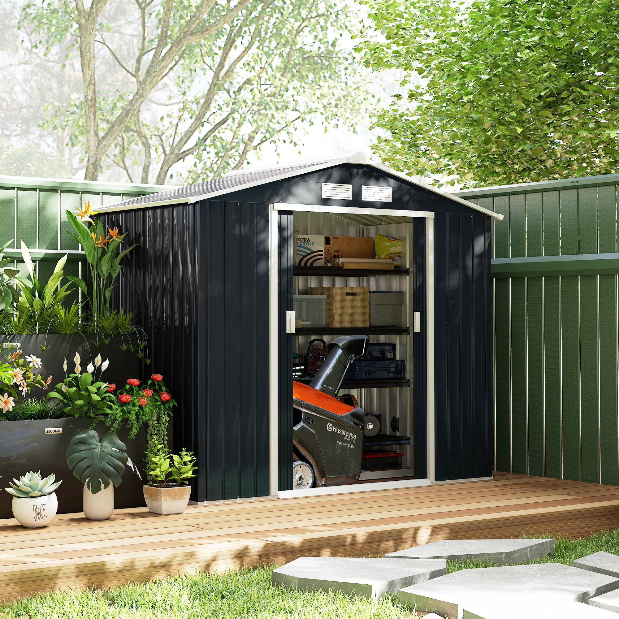 Outsunny tuinschuur, 2.42 ㎡, stevig met ventilatieramen, weerbestendig en vuilafstotend, 2 schuifdeuren, 150x75x180 cm, kolengrijs | Aosom.nl