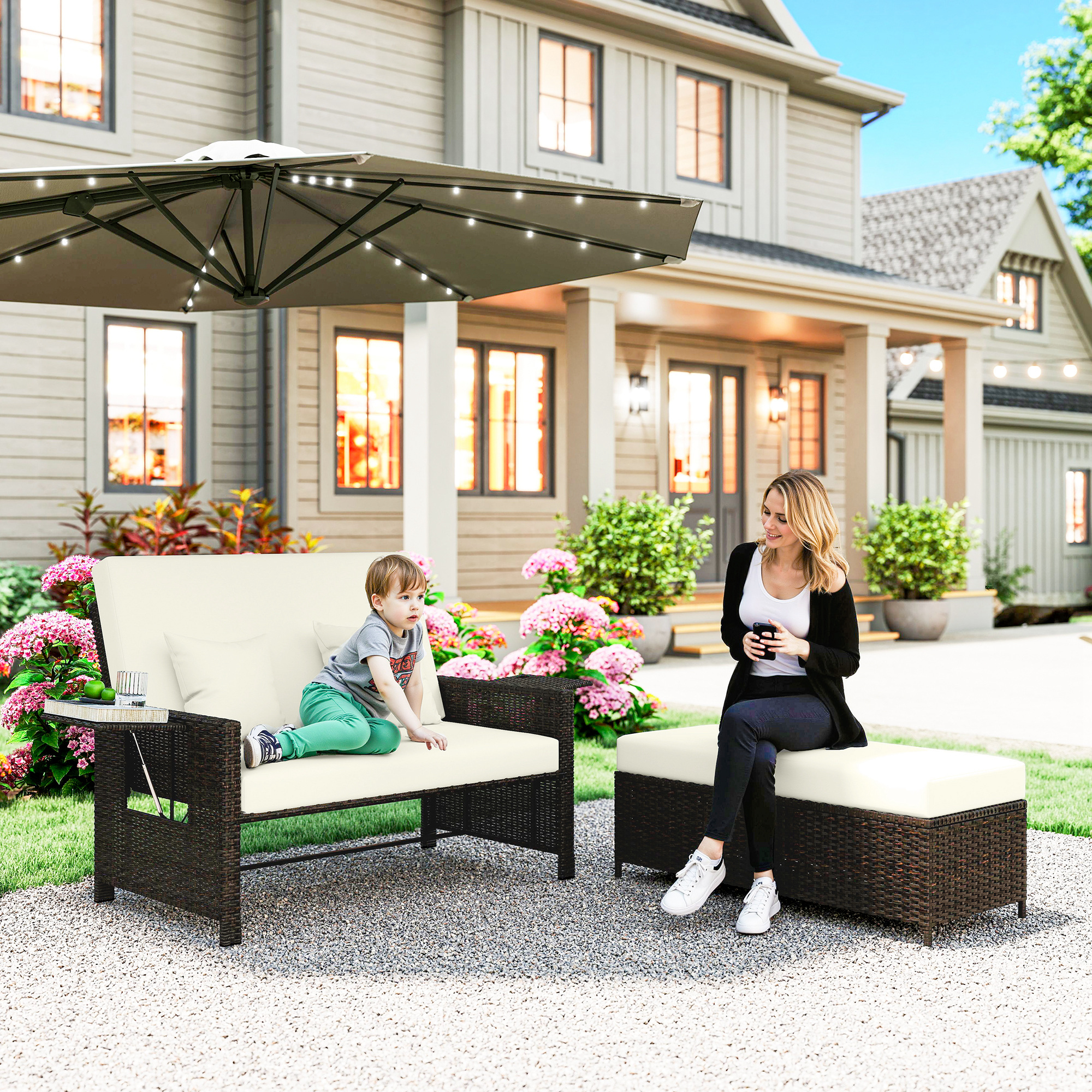 Outsunny Polyrattan Lounge-Sofa Gartensofa 2-Sitzer mit Kissen und Hocker, günstig online kaufen