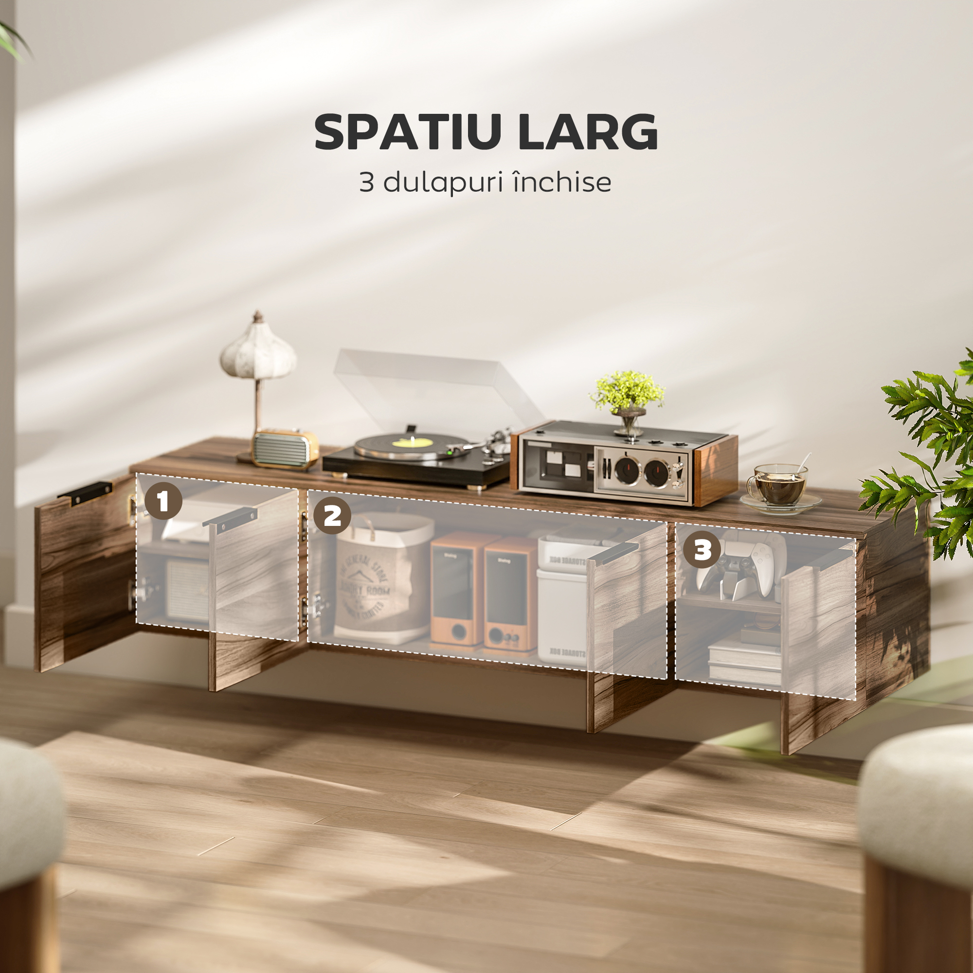  Mobilier Suport TV Suspendat pana la 65" cu 3 Dulapuri in Stil Industrial, Maro Rustic [4]