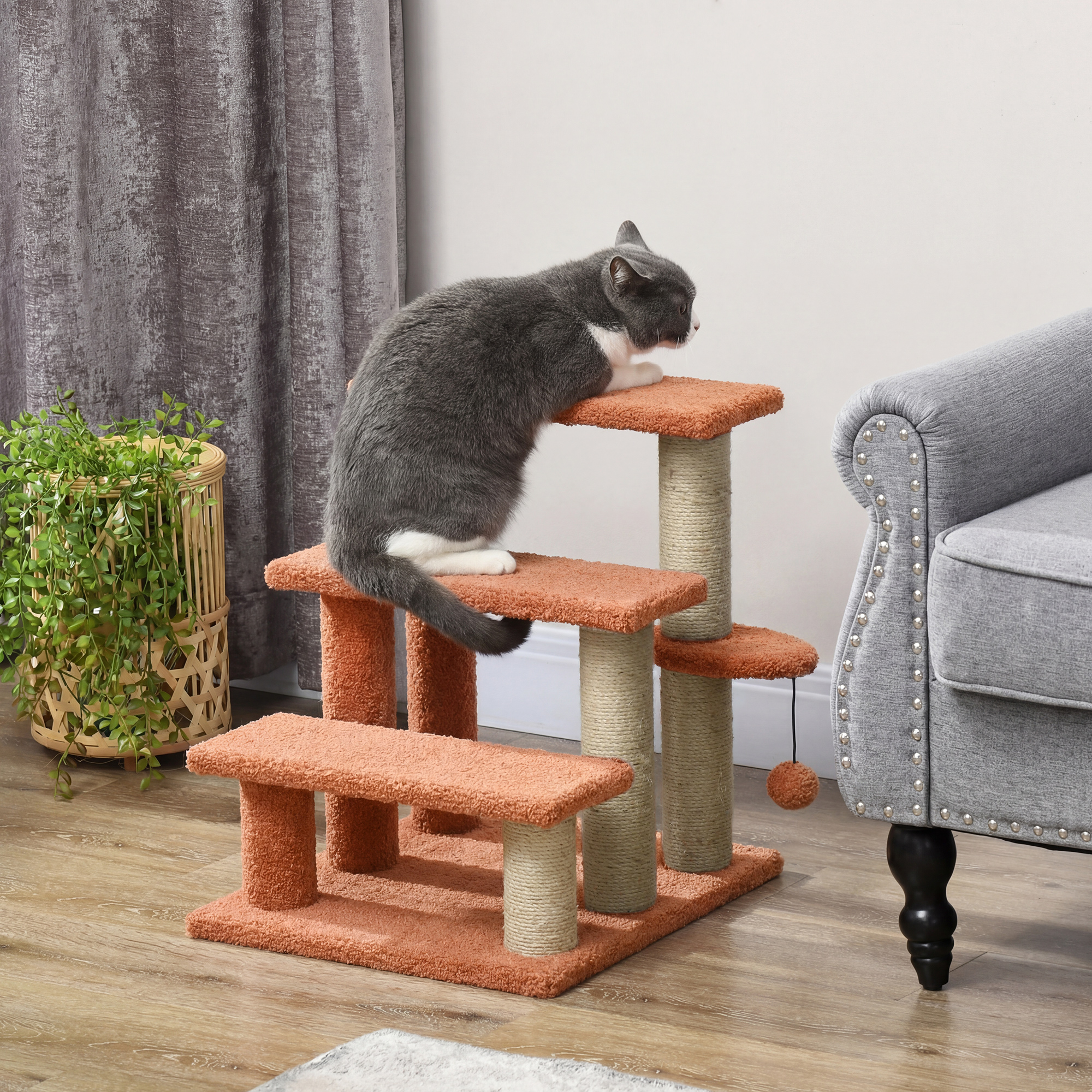 PawHut Katzentreppe Tiertreppe für Katzen und Hunde 3 Stufen mit Kratzsäule günstig online kaufen