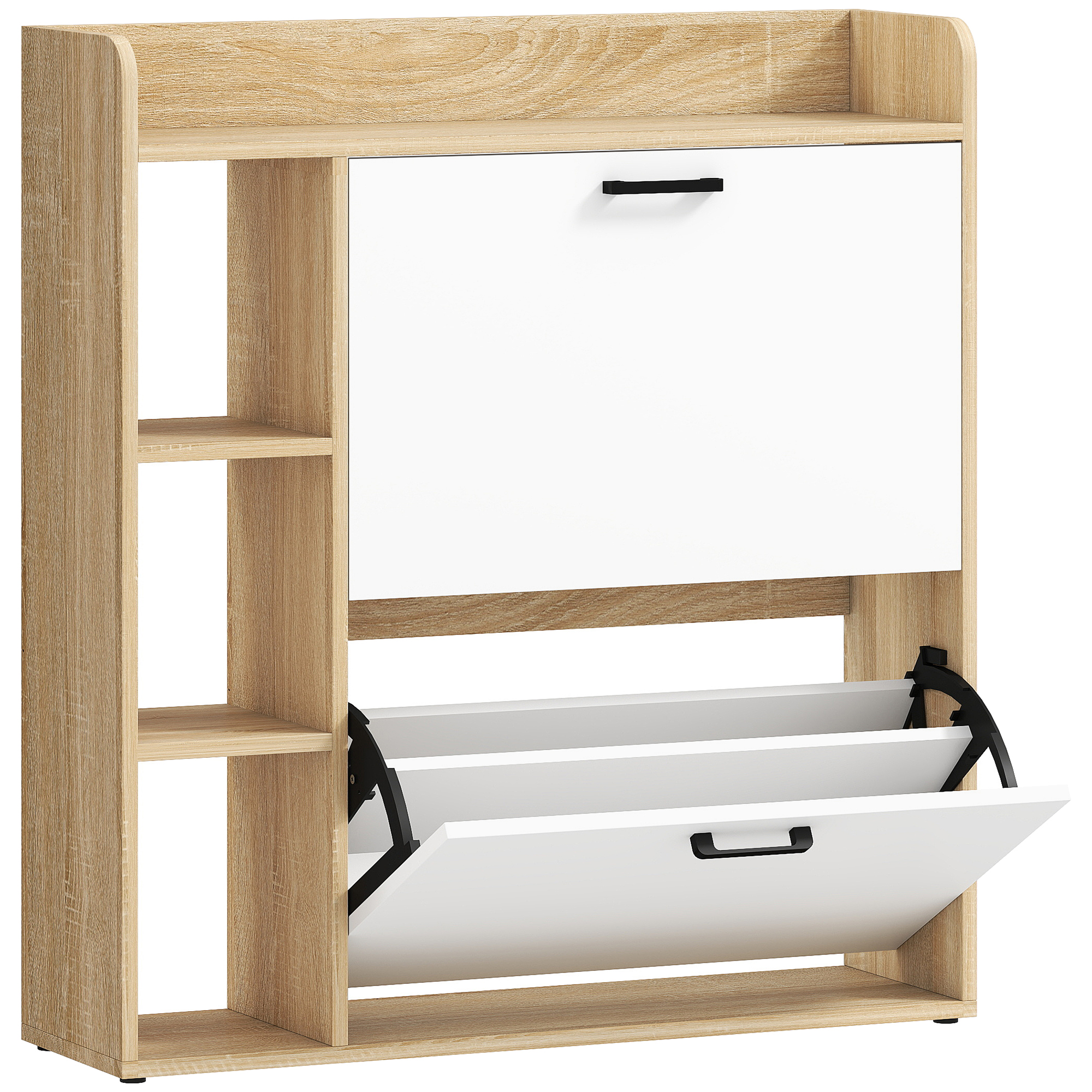 HOMCOM Zapatero Estrecho con 2 Puertas 3 Estantes Laterales y Estantes Ajustables para 15 Pares de Zapatos Natural y Blanco