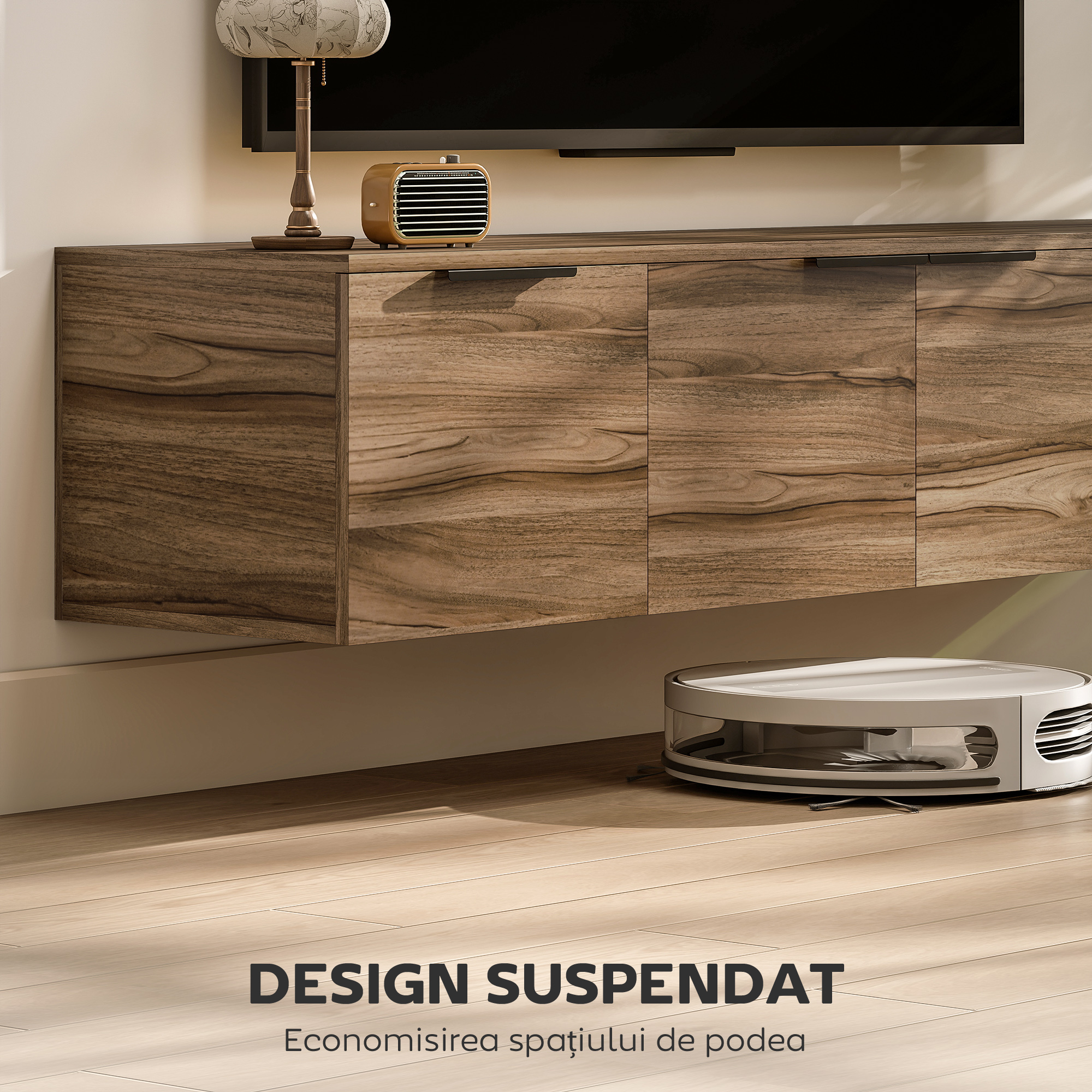  Mobilier Suport TV Suspendat pana la 65" cu 3 Dulapuri in Stil Industrial, Maro Rustic [3]