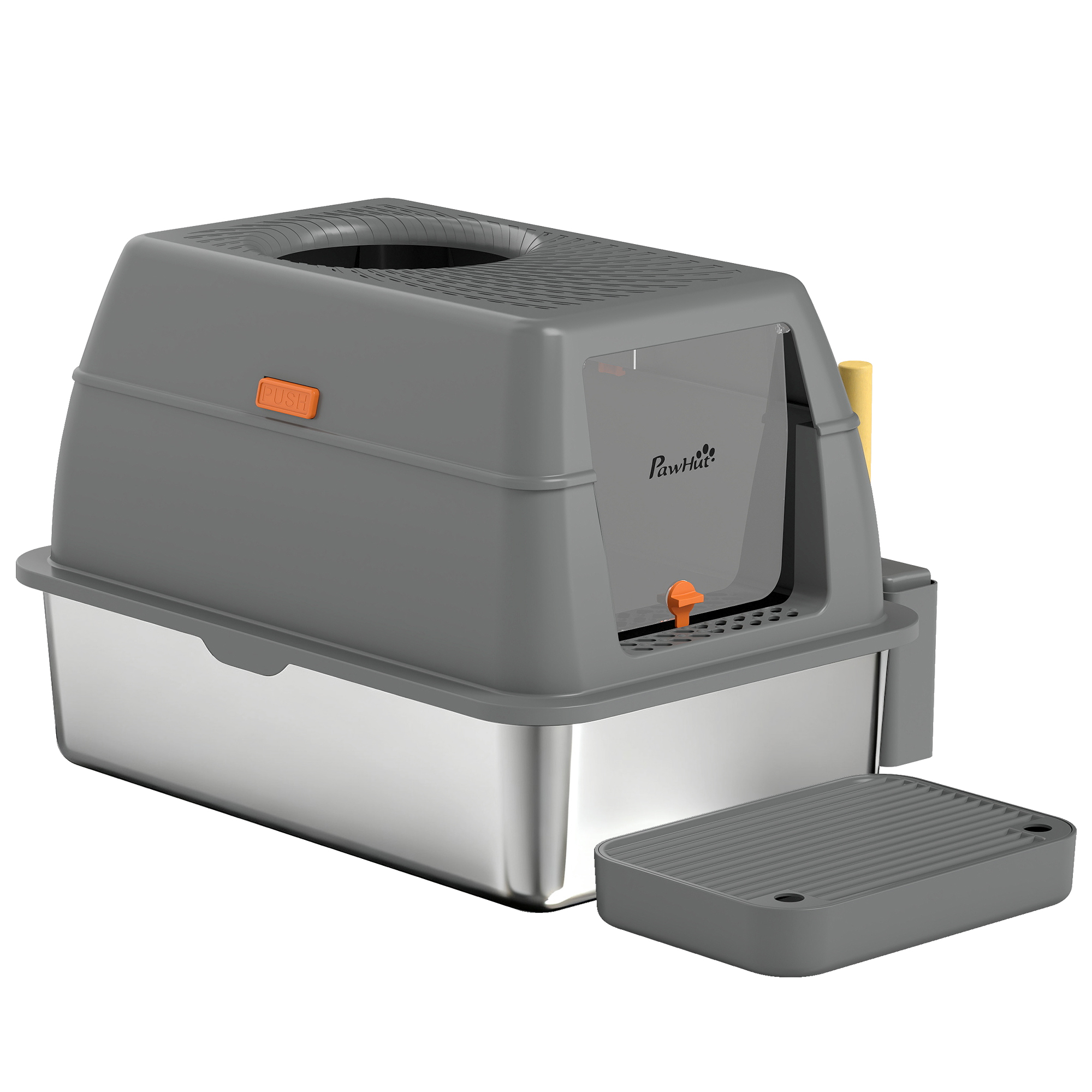 Meilleurs prix pour PawHut Bac à litière fermé maison de toilette pour chat acier inoxydable couvercle marche anti-dispersion 60x40x38cm gris foncé